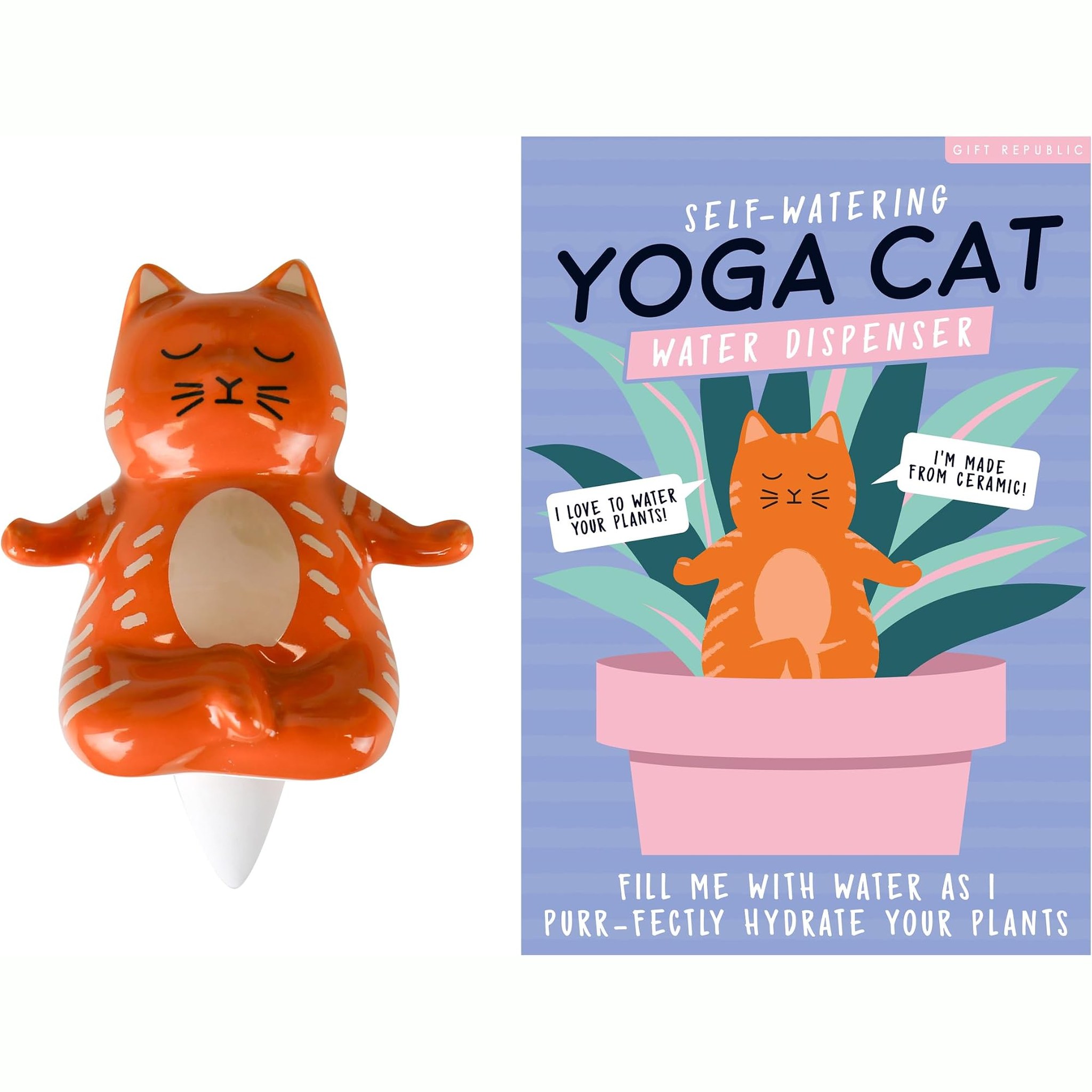 Yoga-Katze Wasserspender mit Verpackung von Gift Republic