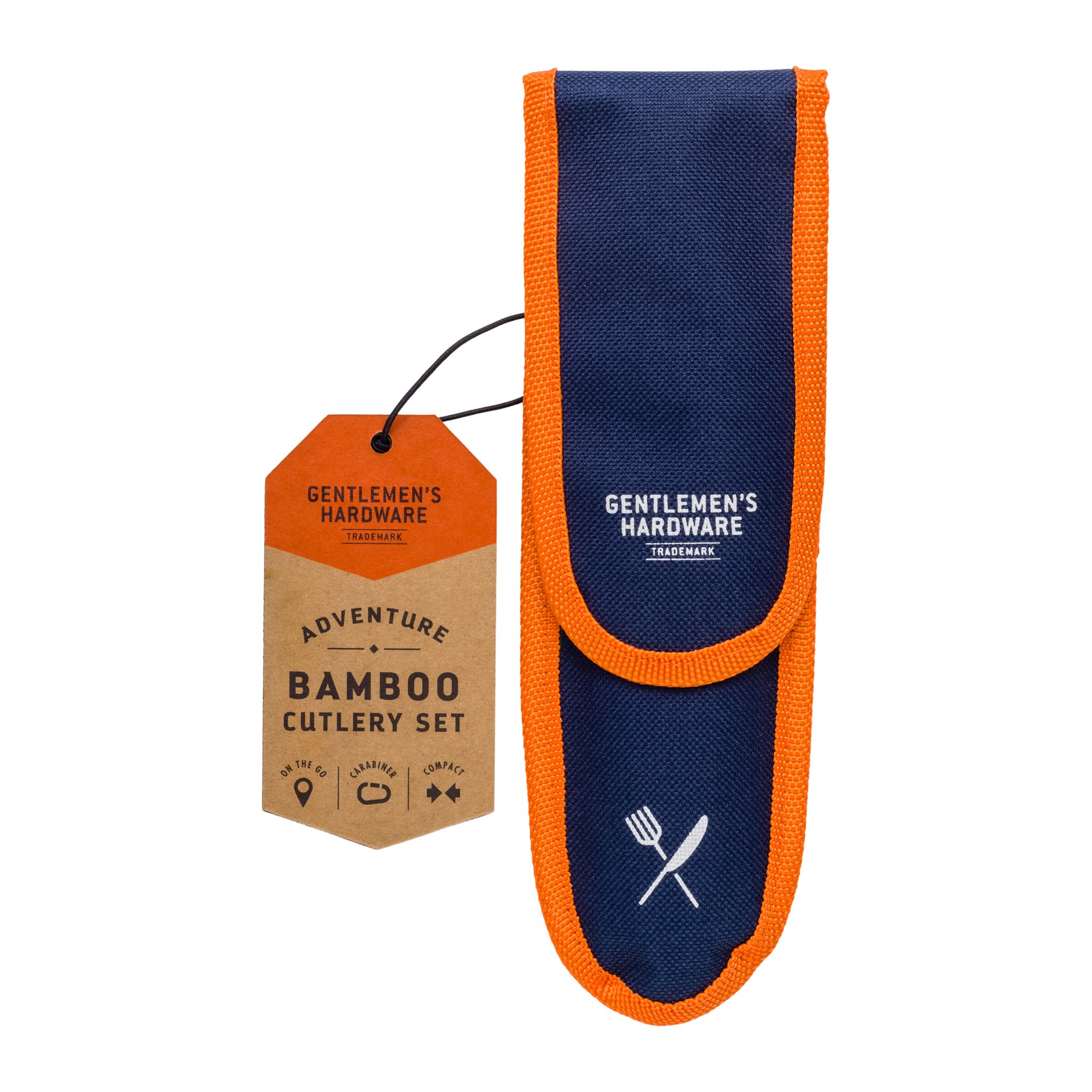 Reisebesteck aus Bambus: geschlossene blau-orange Stofftasche mit Papieranhänger «Bamboo Cutlery Set»