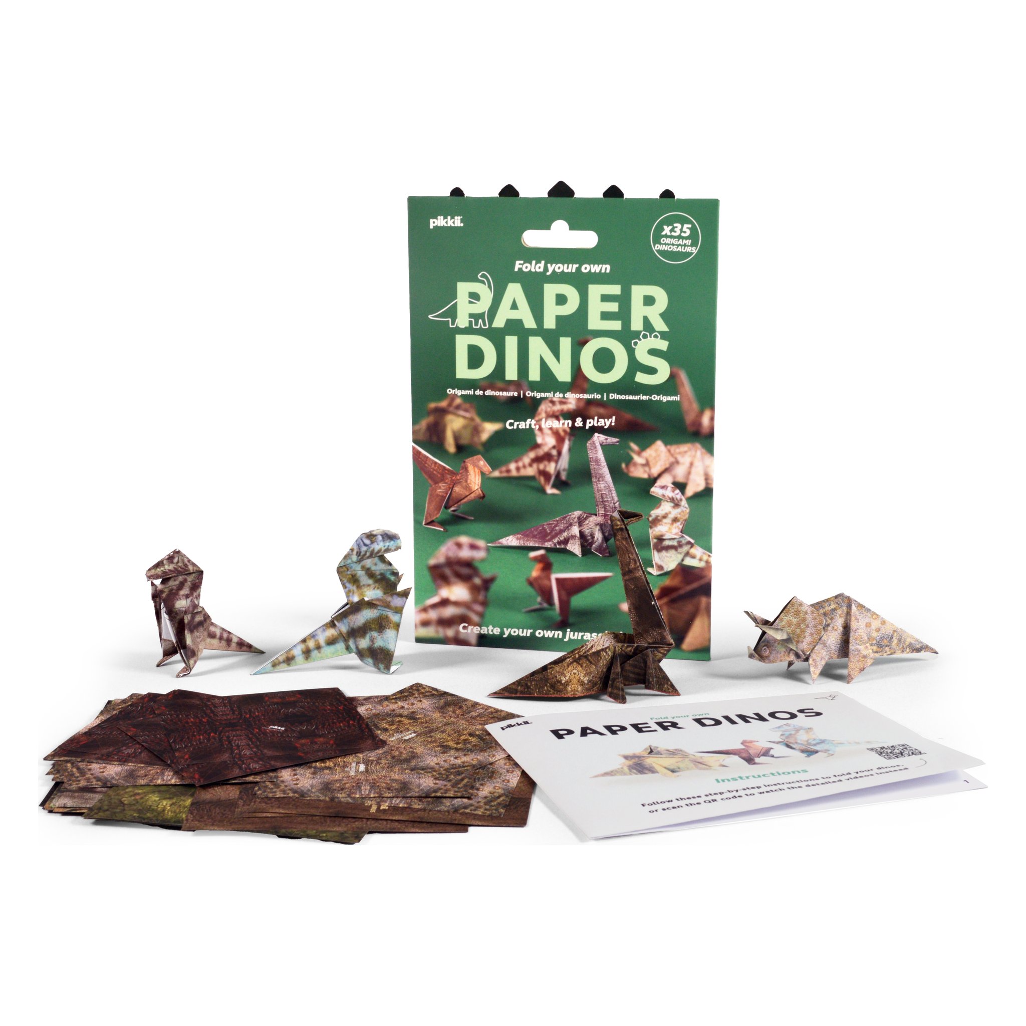 Paper Dinos origami set – packaging with folding sheets and folded dinosaurs
