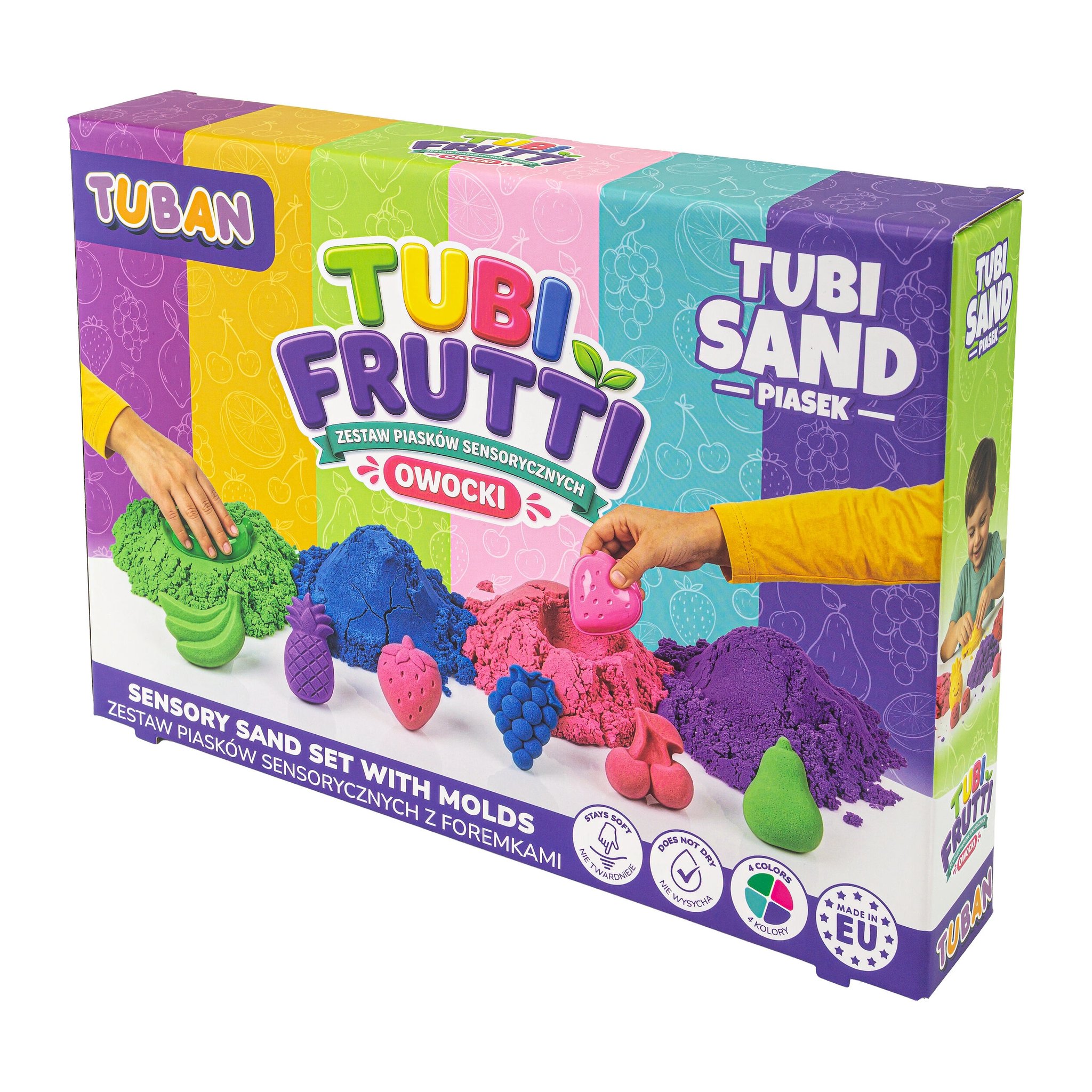 Set di sabbia sensoriale Tubi Frutti nella confezione a righe con frutti modellati nella sabbia