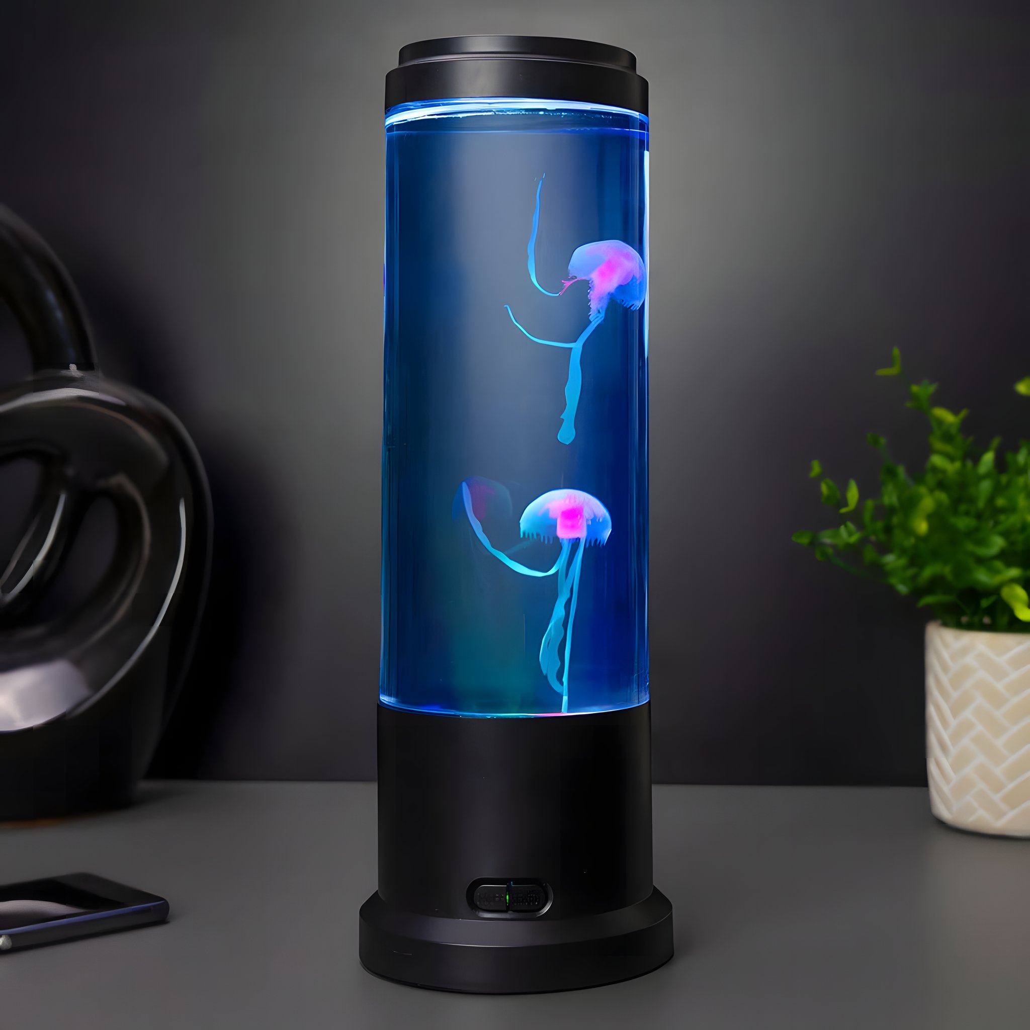 Quallenlampe leuchtet blau mit pinken Quallen neben einer Topfpflanze