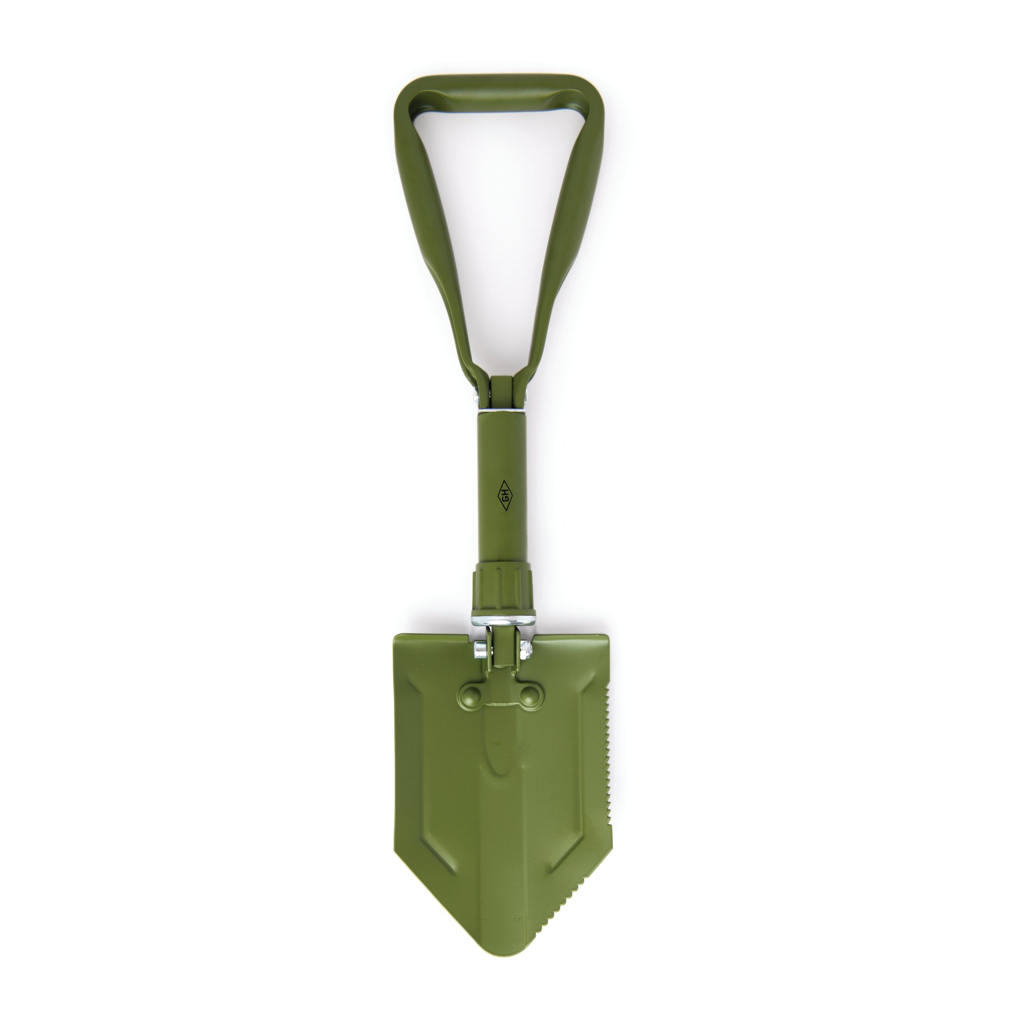 Unfolded olive green folding shovel from the front, with a triangular handle at the top and a serrated-edge blade below
