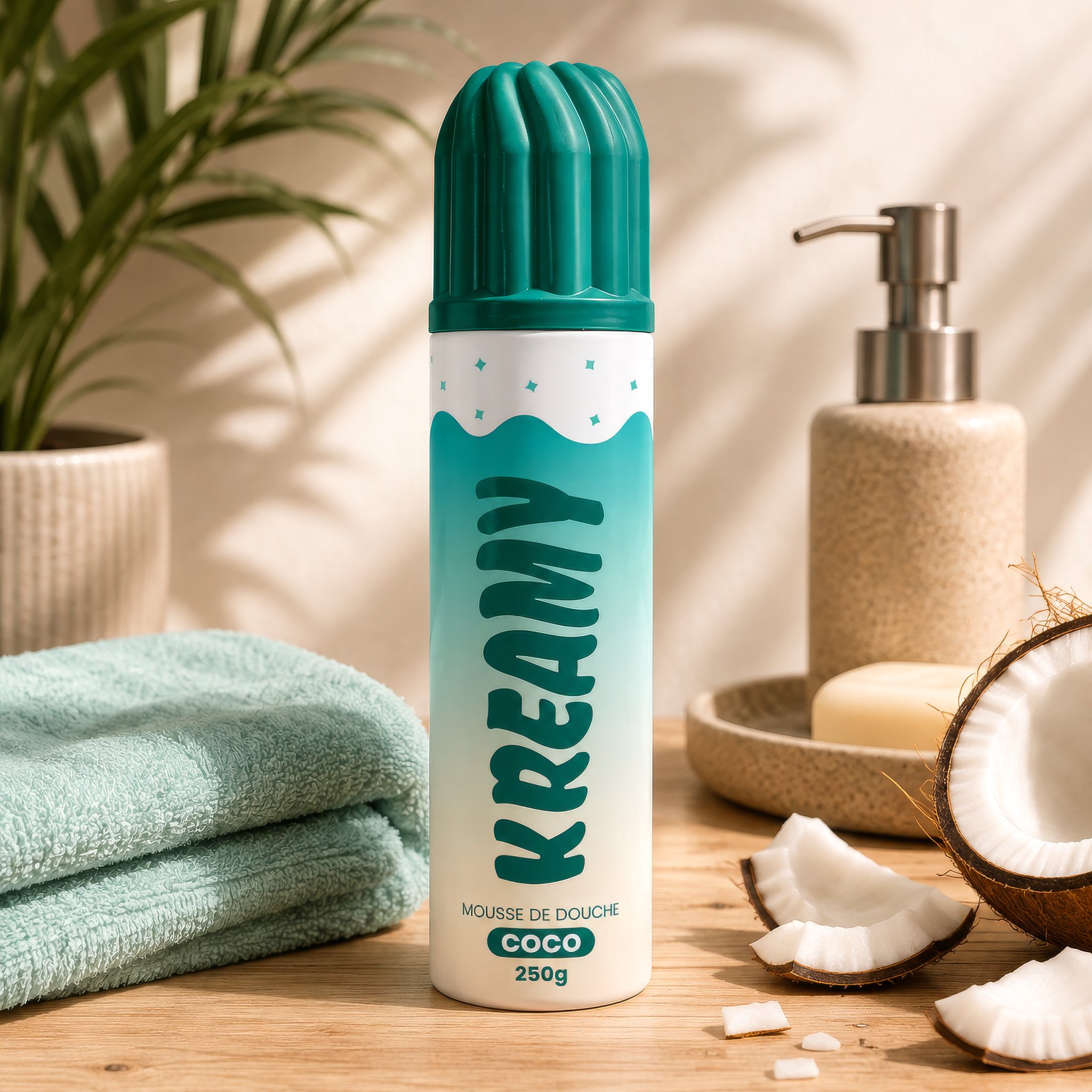 Kreamy Duschschaum Kokos 250 g im Badezimmer mit Kokosnuss