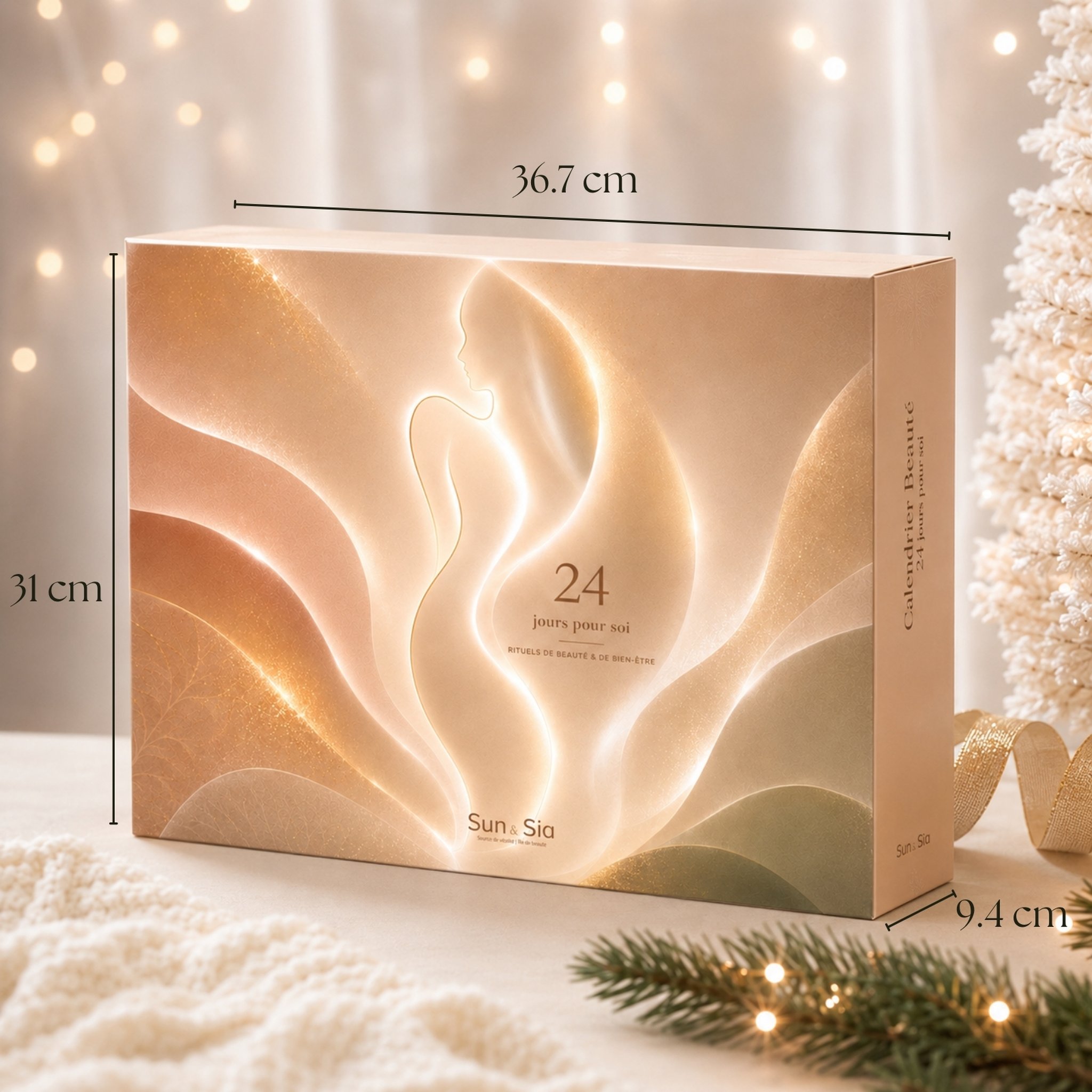 Calendrier de l'Avent beauté avec ses dimensions 36,7 x 31 x 9,4 cm
