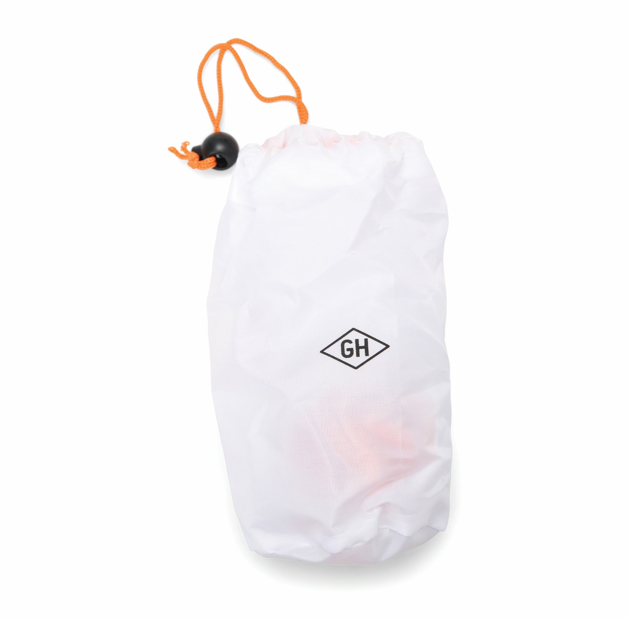 Weisser Aufbewahrungsbeutel mit GH-Logo, orangem Zugband und schwarzer Kordelstopper, für den LED-Lichtschlauch