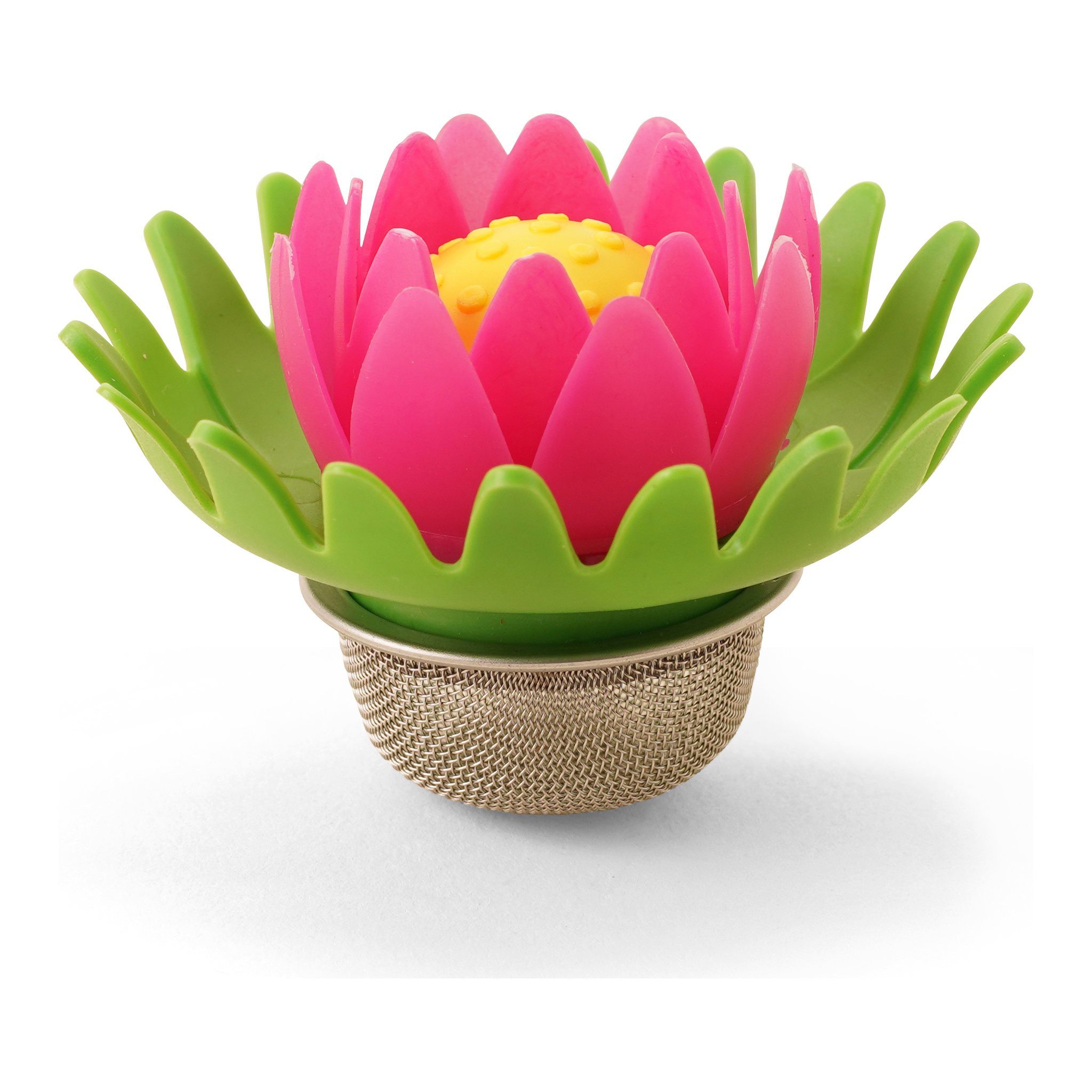 Lotus-Tee-Ei mit pinker Blüte, grünen Blättern und Edelstahlsieb