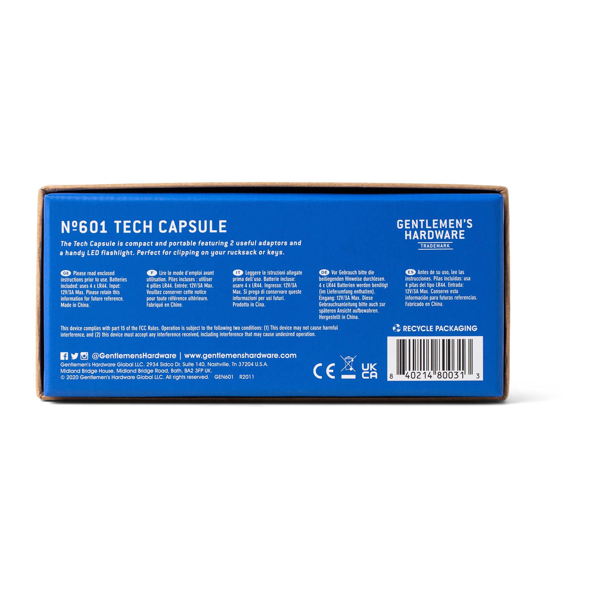 Dos bleu de la boîte du porte-clés Tech Capsule avec textes d'information, logos et code-barres