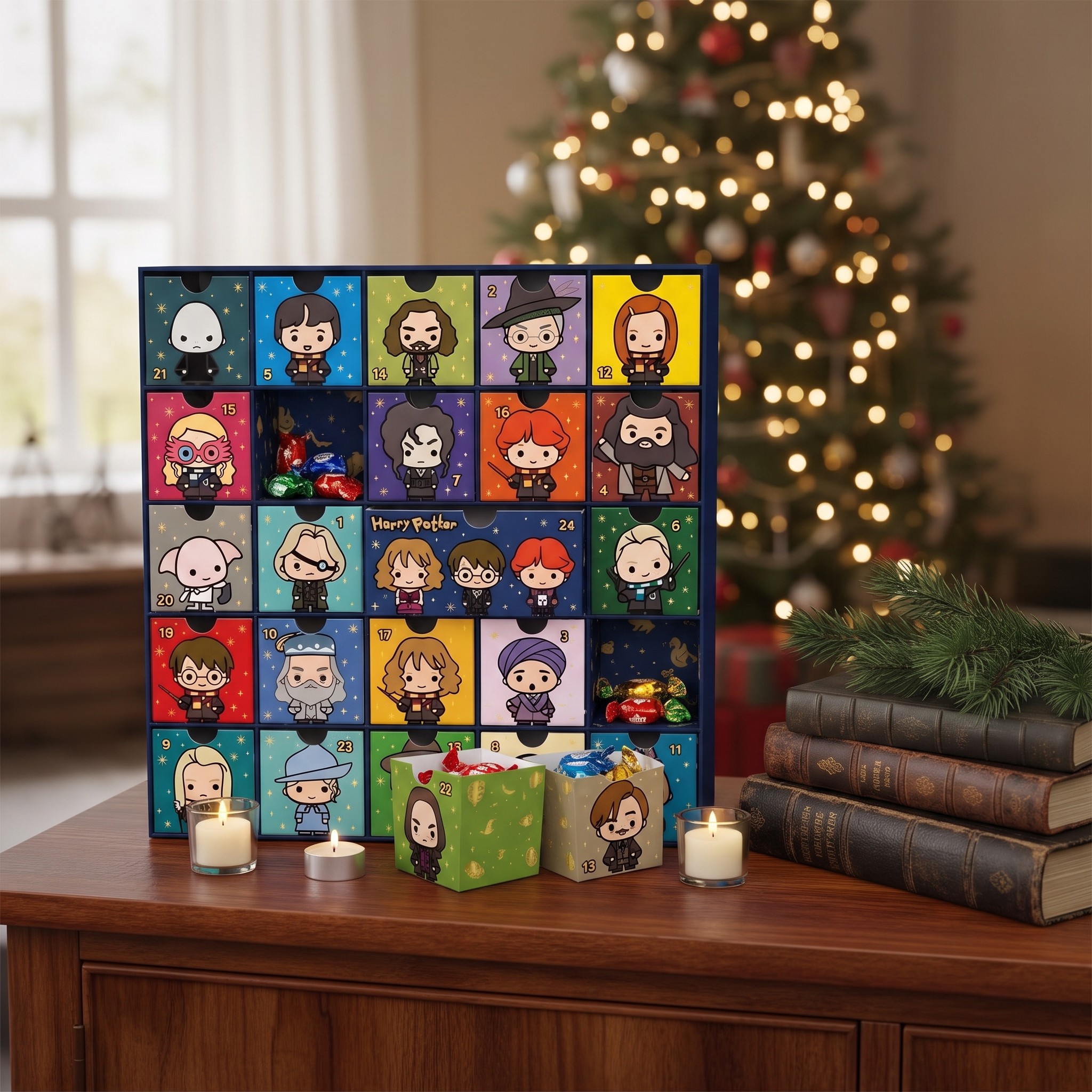 Harry Potter Adventskalender auf einer Holzkommode mit zwei herausgenommenen Schubladen voller Süssigkeiten