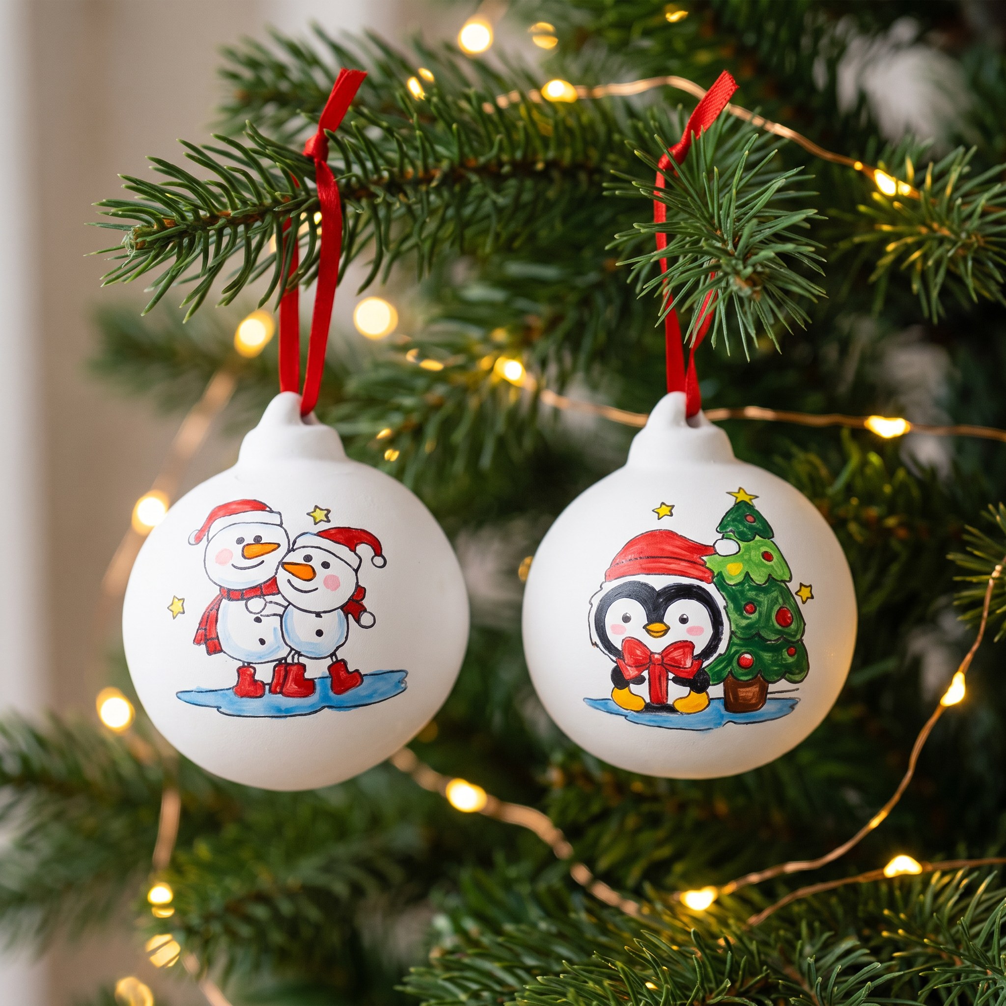 Bunt bemalte Weihnachtskugeln mit Schneemännern und Pinguin vor Lichterkette