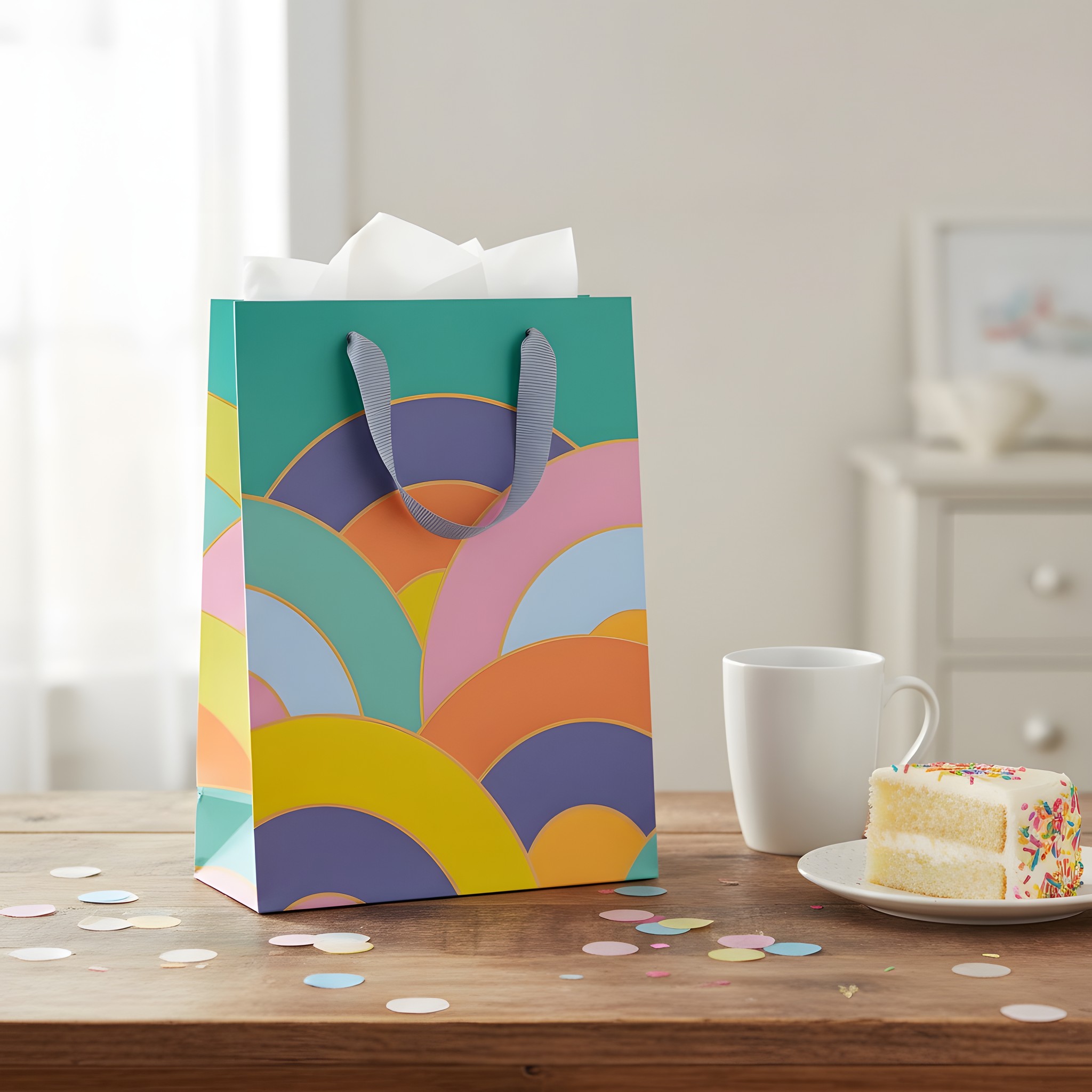 Busta regalo media con archi arcobaleno di Ohh Deer con carta velina e tazza su un tavolo di compleanno con torta e coriandoli