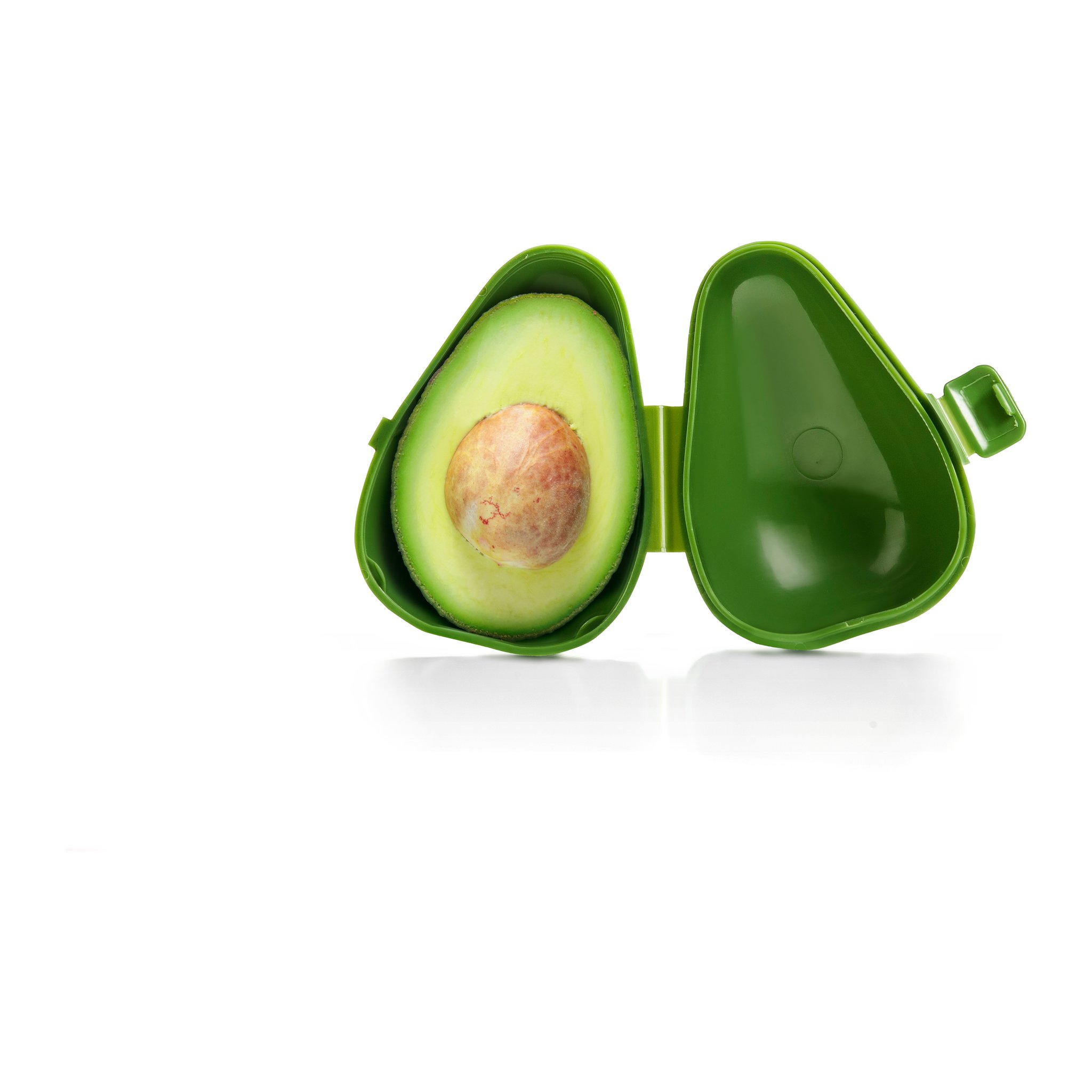 Opened avocado saver holding half an avocado with its stone