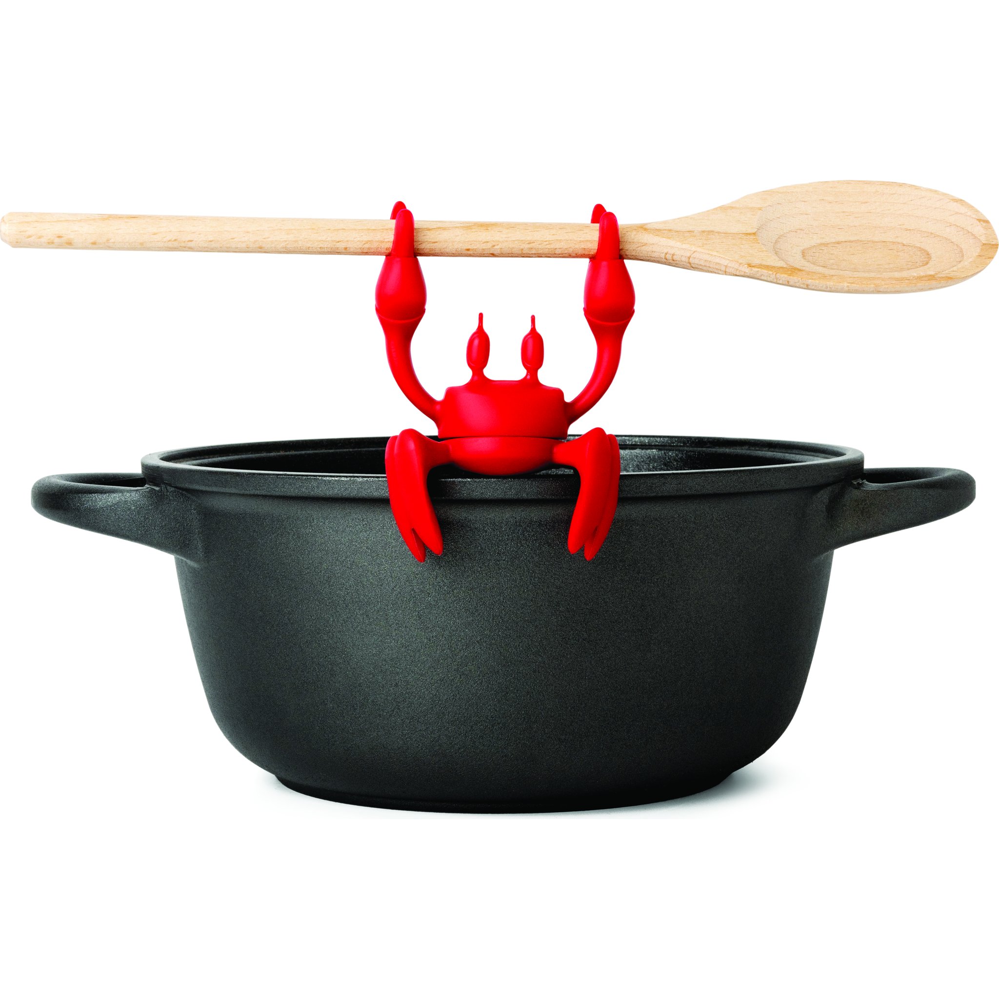 Crab holding the wooden spoon on the rim of a black pot