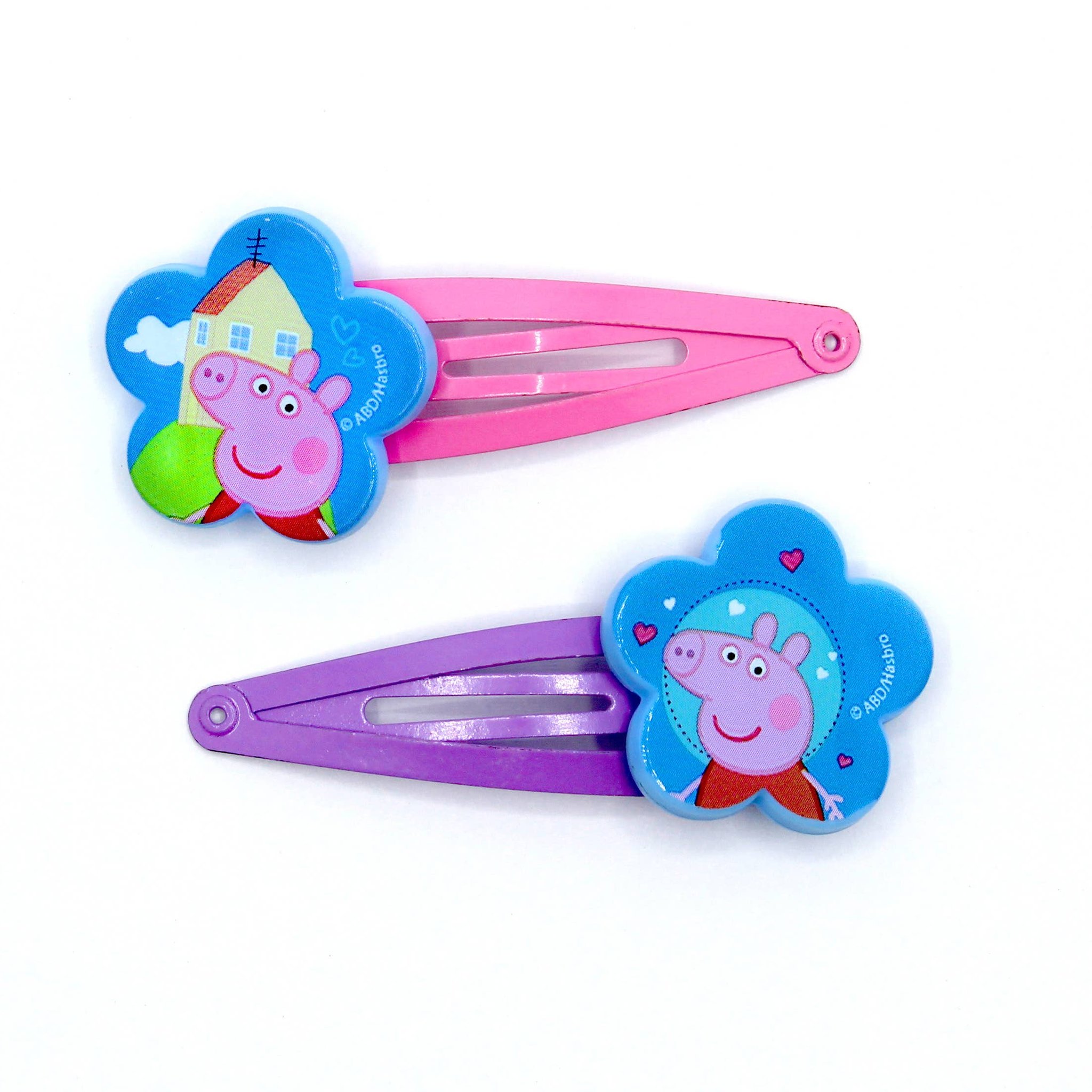 Zwei Blüten-Haarspangen in Pink und Lila mit Peppa und George aus dem Adventskalender