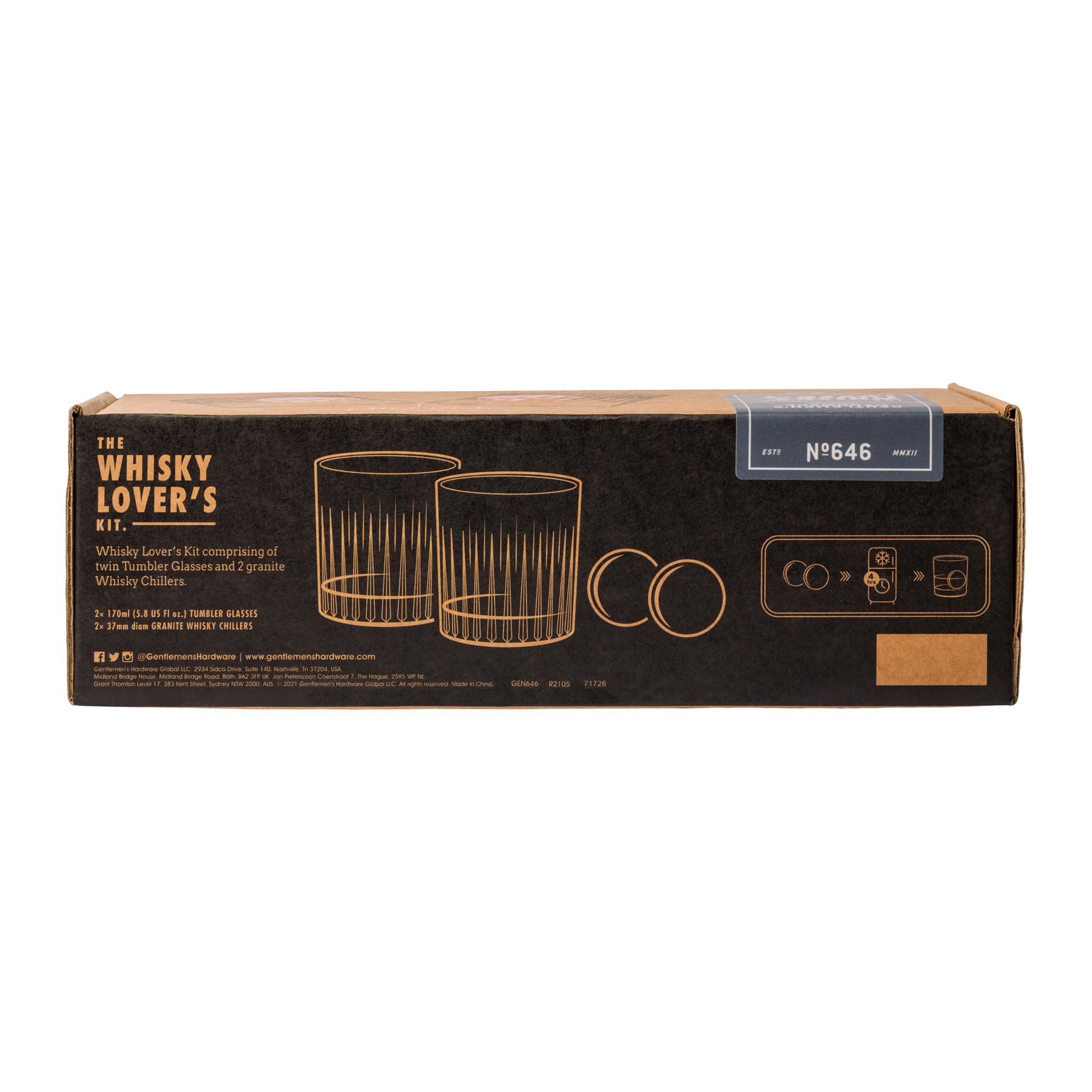 Dunkle Rückseite der Whiskey Lover's Set Verpackung mit goldenen Piktogrammen, Produkttext und Nº646-Etikett