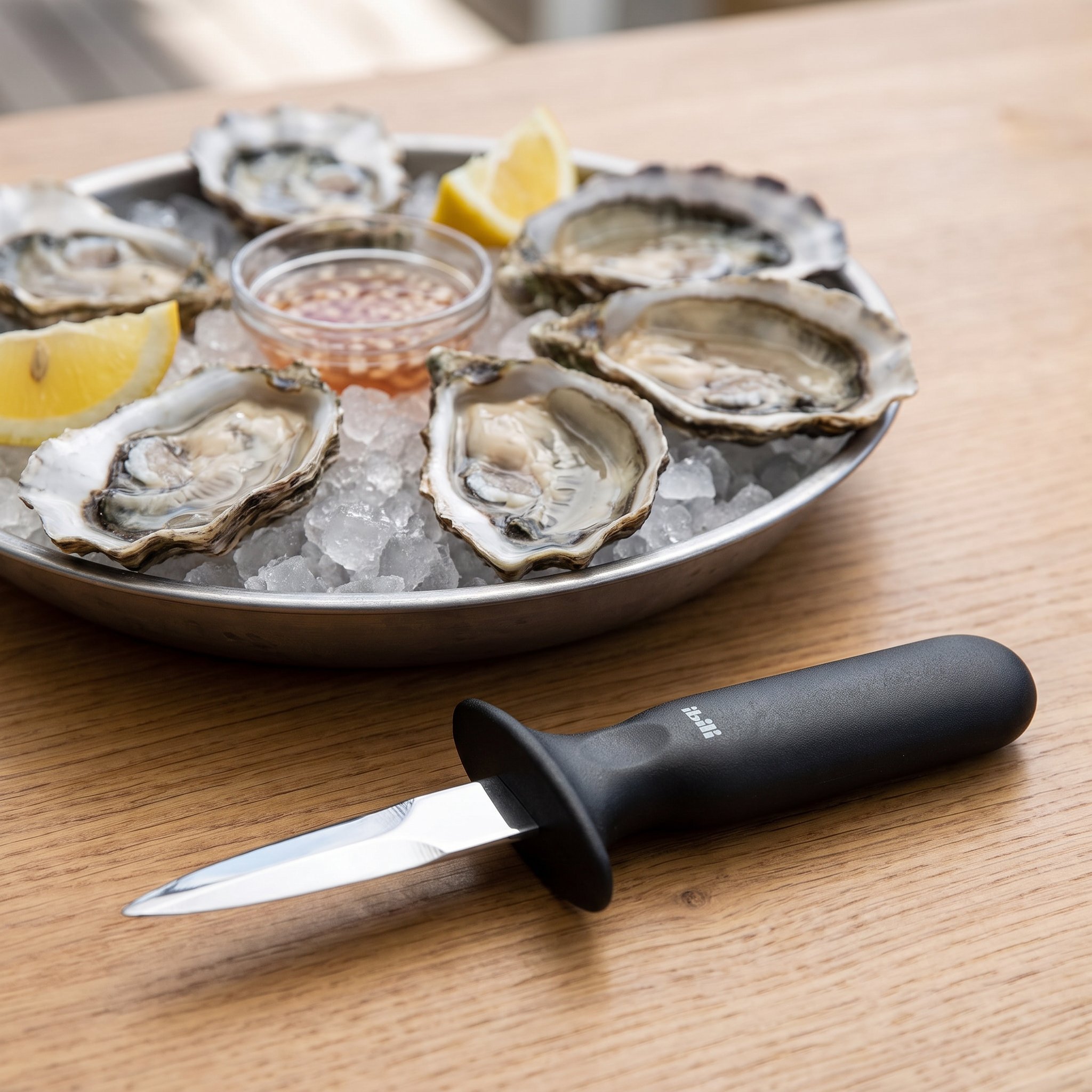 Oyster knife on a wooden table in front of a platter of opened oysters on ice with lemon wedges