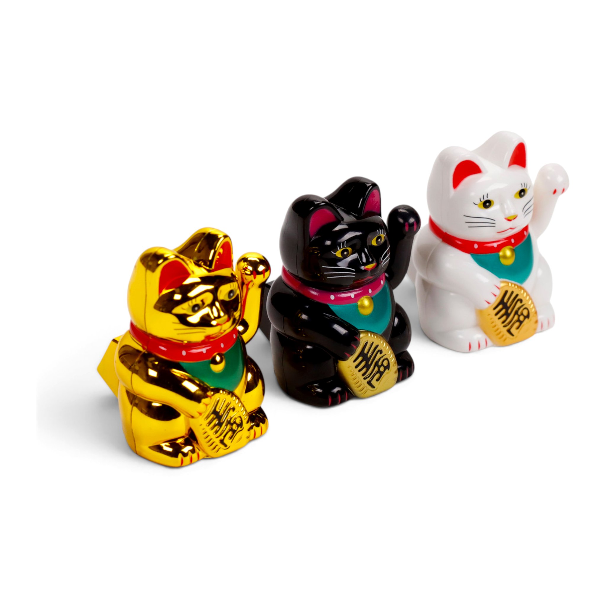Chats Maneki Neko dorés, noirs et blancs