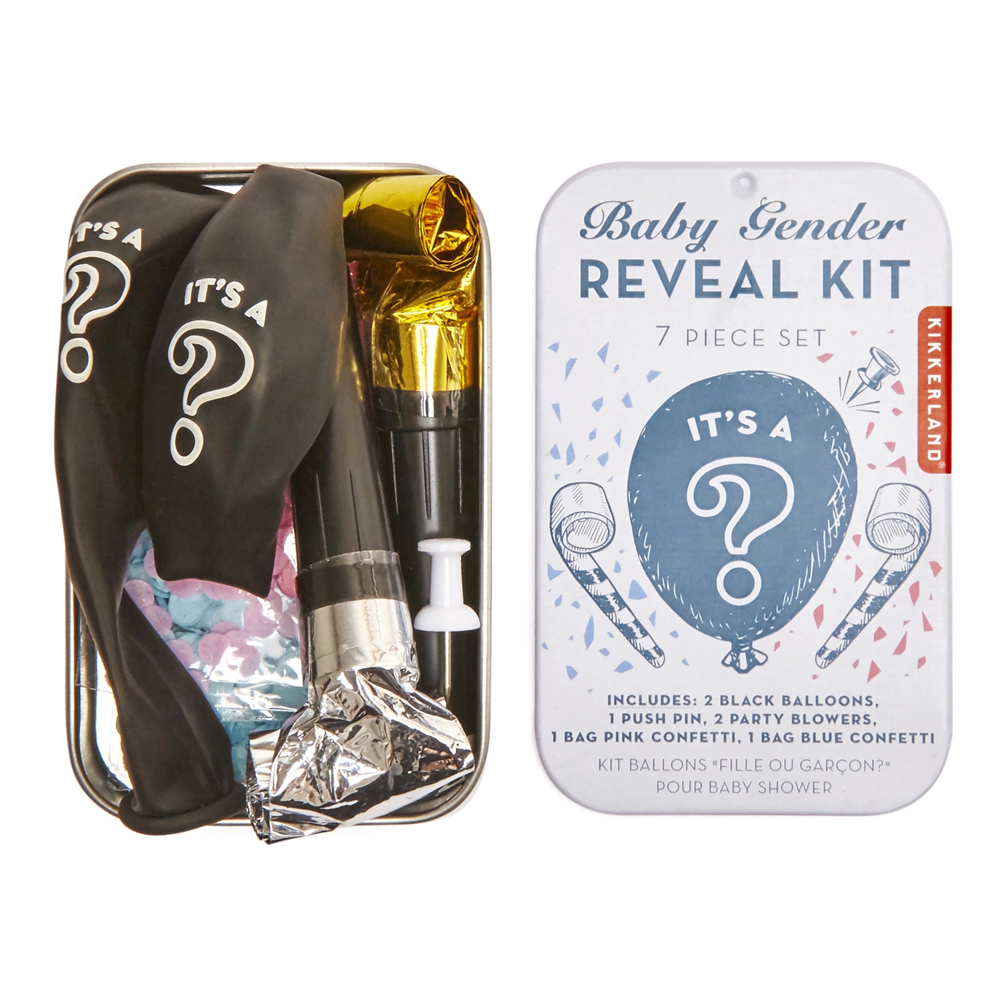 Boîte ouverte du kit gender reveal avec ballon, trompettes et confettis