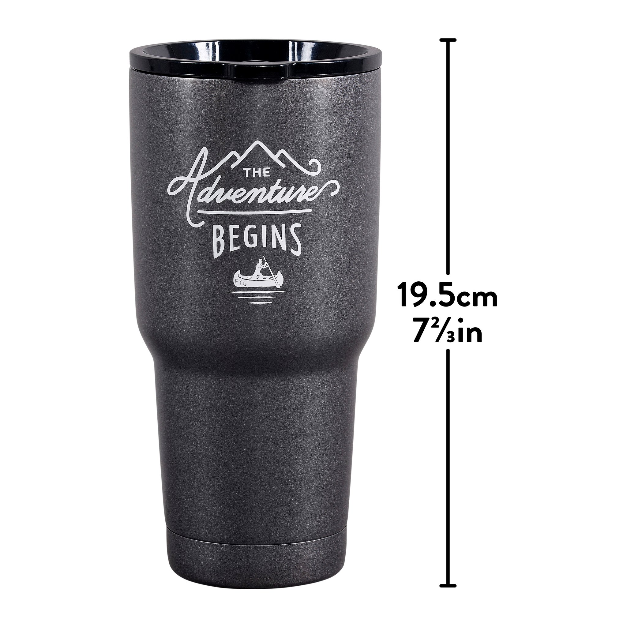 Adventure Reise-Kaffeebecher von vorne mit geschlossenem Deckel, daneben eine eingezeichnete Höhenangabe