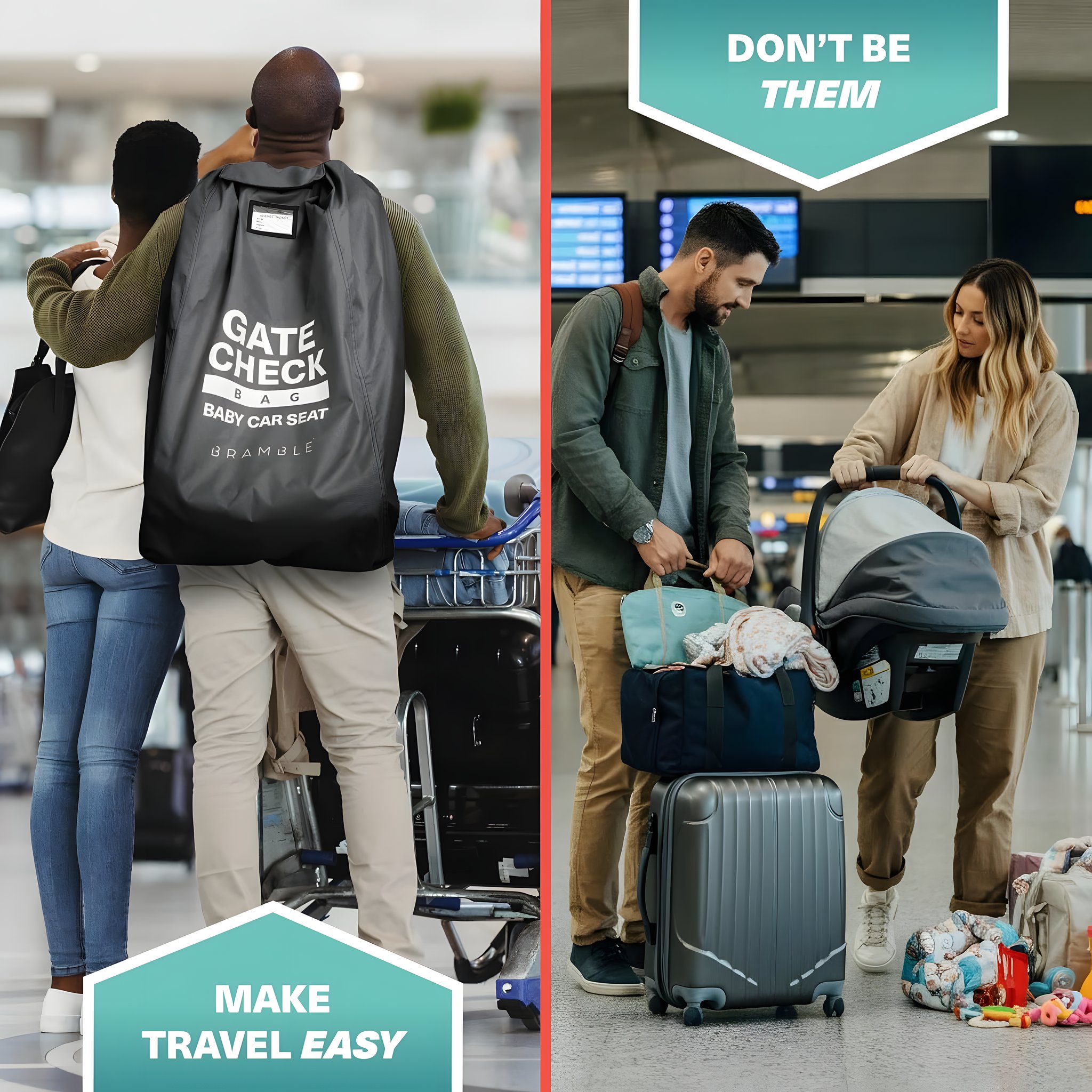 Borsa da viaggio nera per seggiolino auto portata a zaino in aeroporto