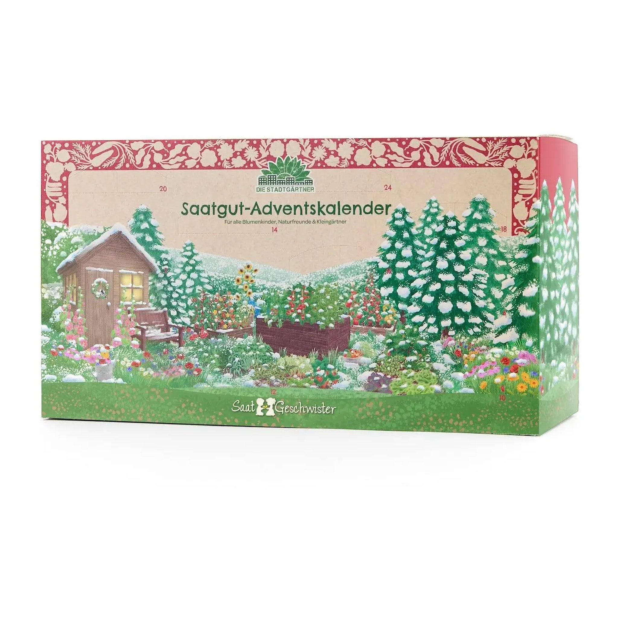 Seed advent calendar seen at an angle with red ornamental frame, fir trees and blooming garden