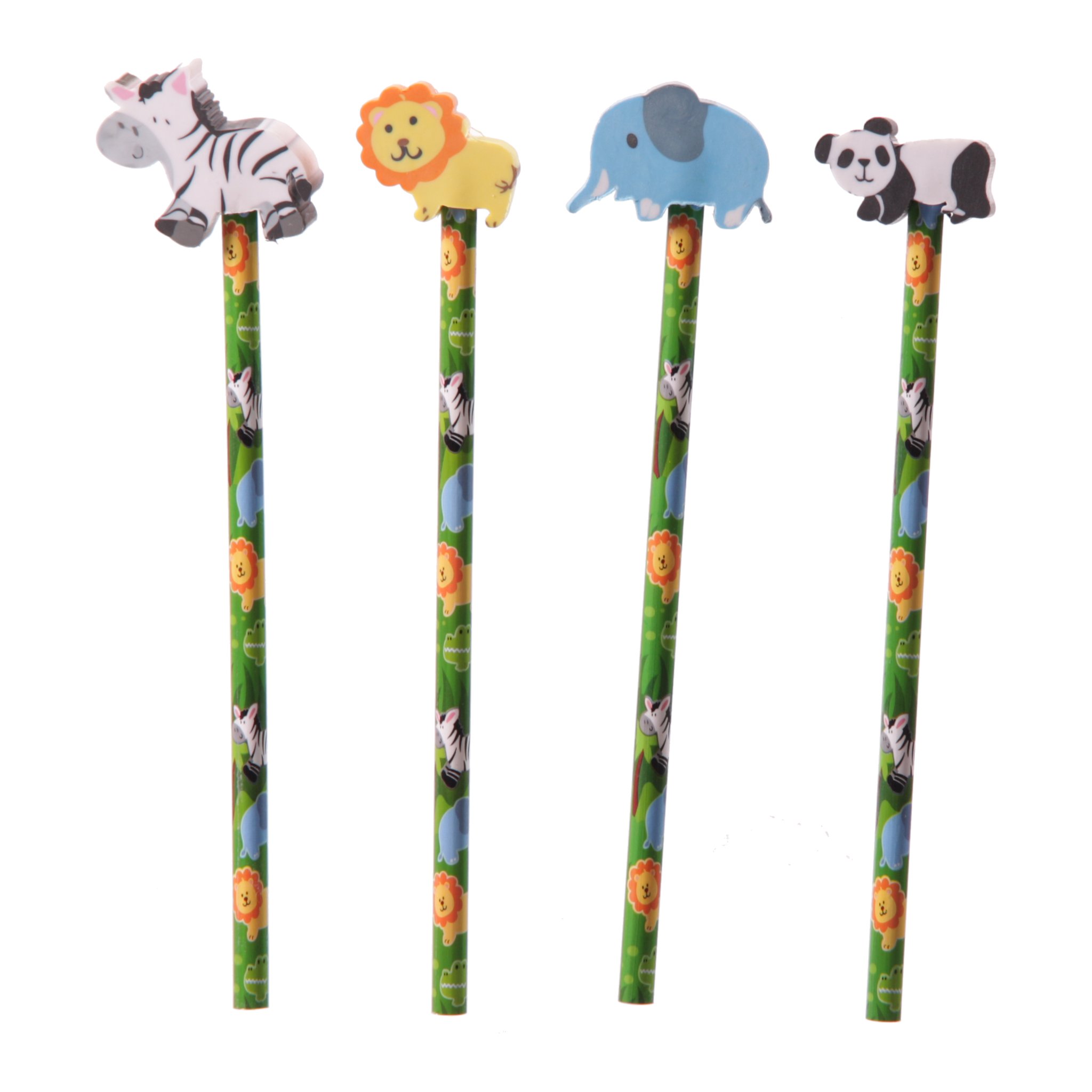 Quatre crayons animaux de la jungle : zebre, lion, elephant et panda