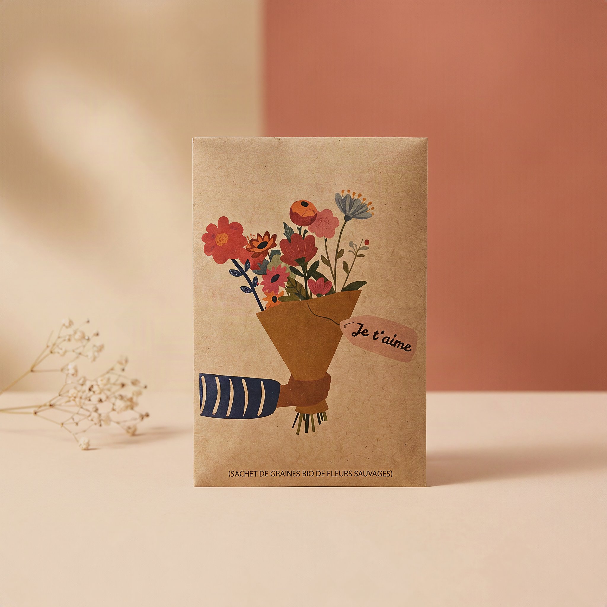 Sachet de graines Je t'aime avec bouquet illustré sur une table beige à côté de gypsophile