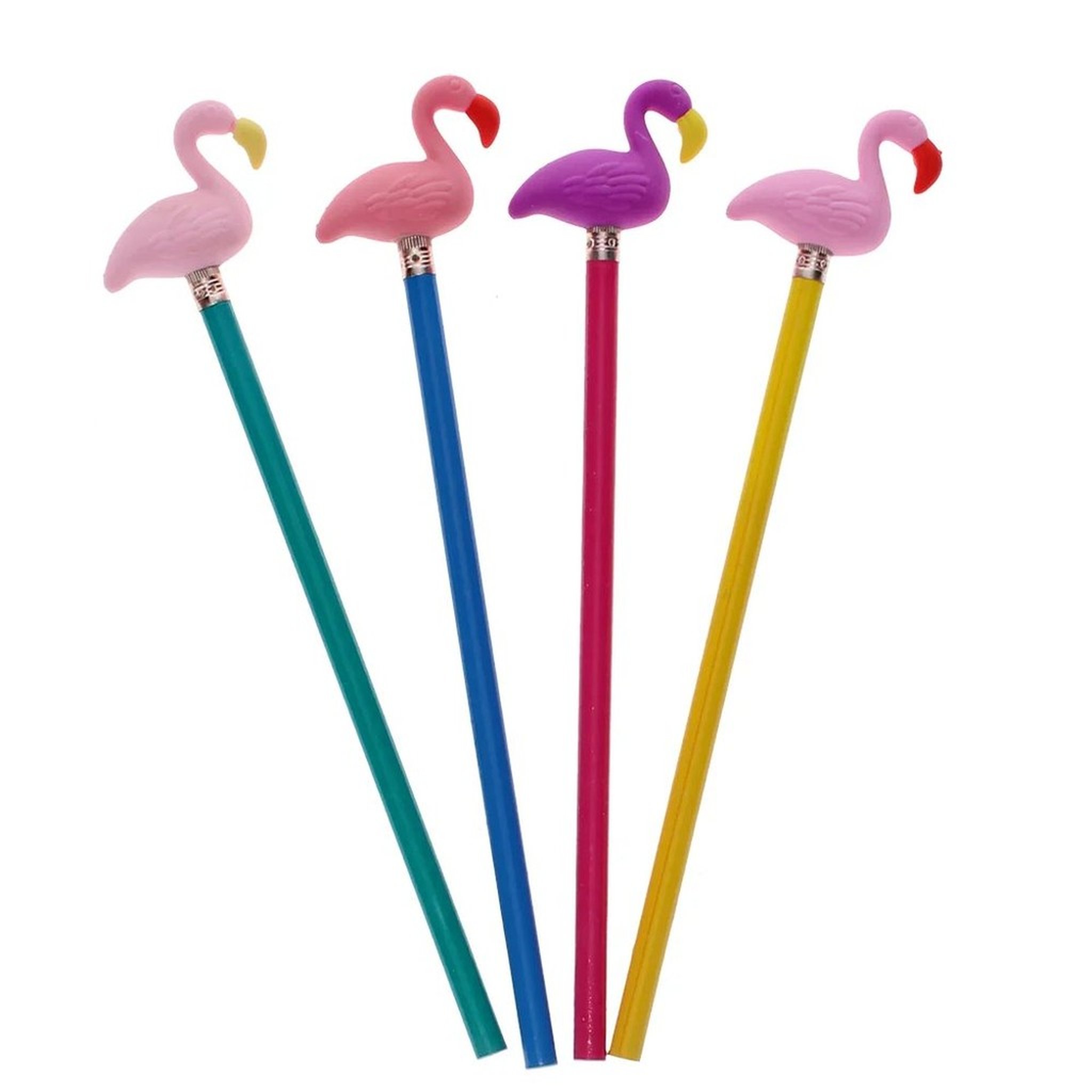 Flamingo Radiergummis als Aufsätze auf vier bunten Bleistiften
