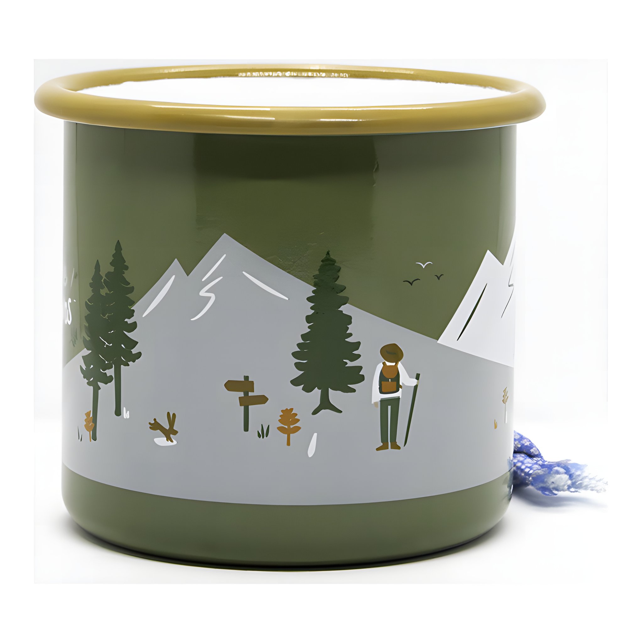 Emaillebecher mit umlaufender Berg- und Waldillustration mit Wanderer