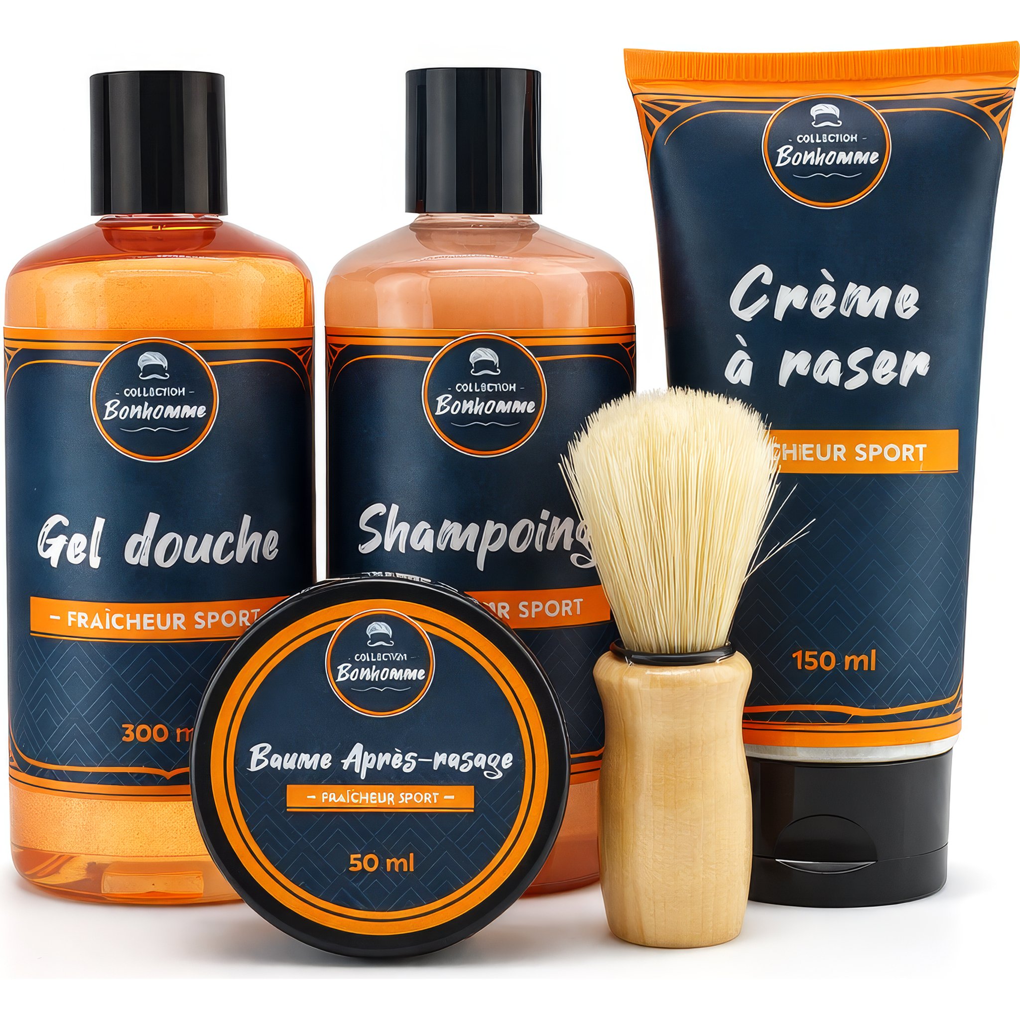 Inhalt des Bonhomme Herren-Sets: Duschgel 300 ml, Shampoo 300 ml, Rasiercreme 150 ml, After-Shave-Balsam 50 ml und Rasierpinsel