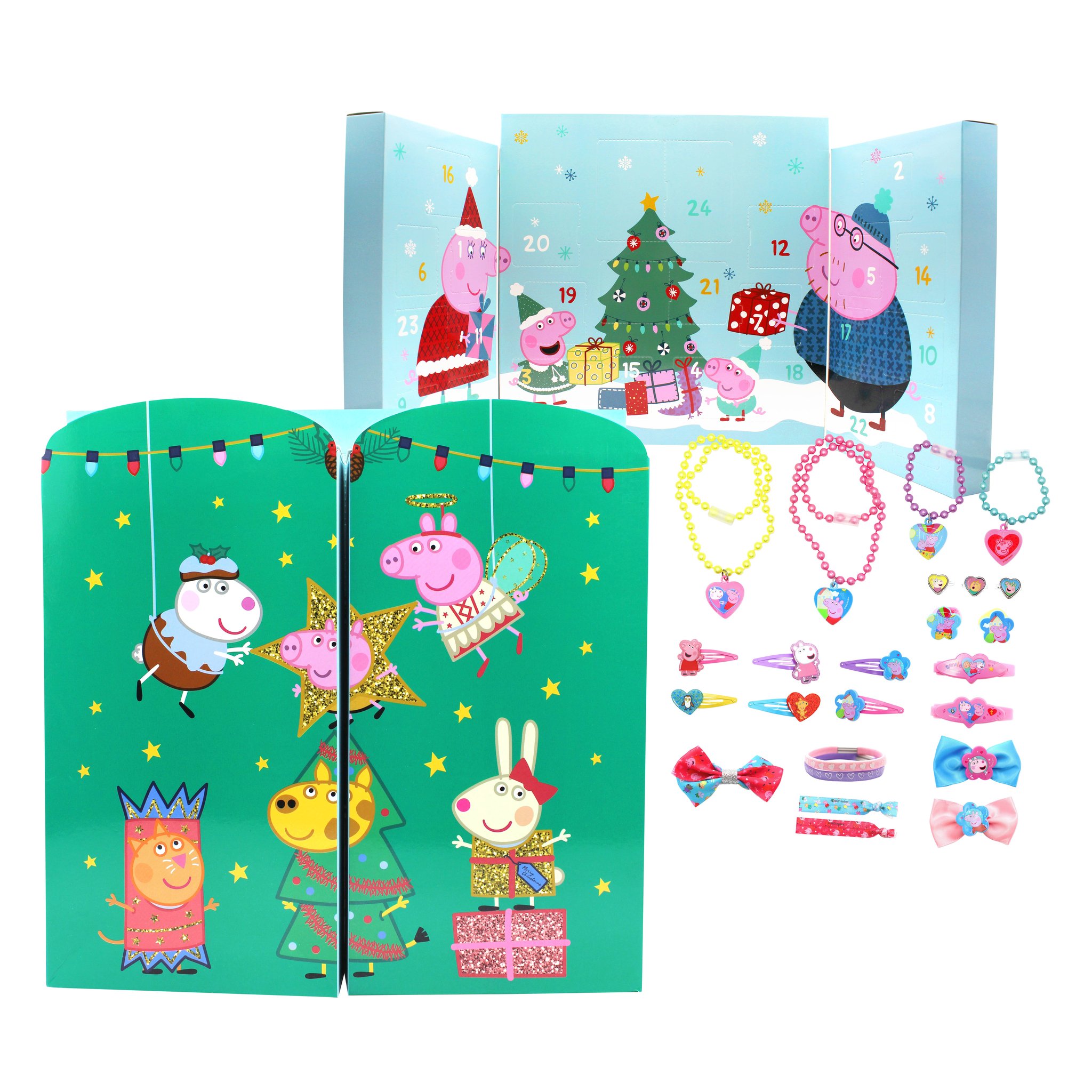 Peppa Pig Adventskalender aufgestellt mit dem ausgebreiteten Schmuck und Haarschmuck davor