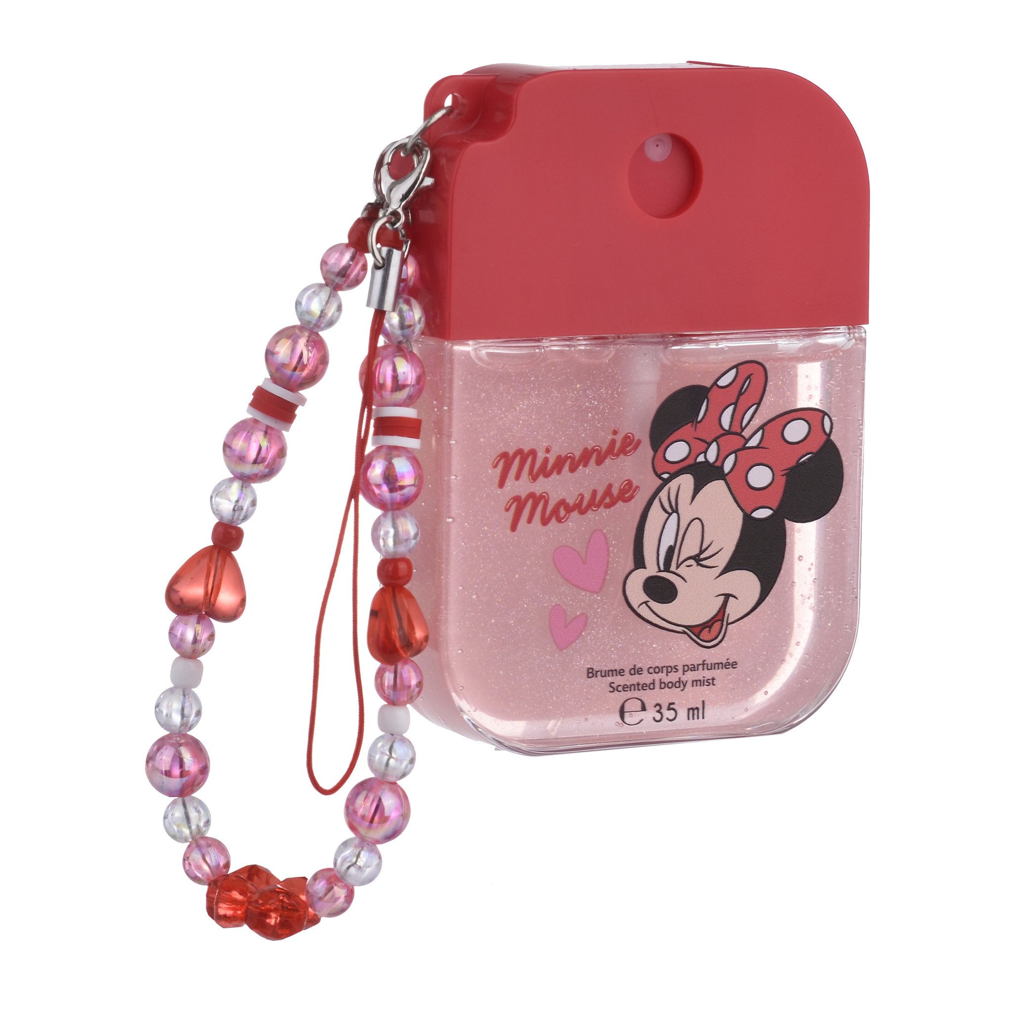 Minnie Mouse body mist at a slight angle, beaded strap with red heart charms