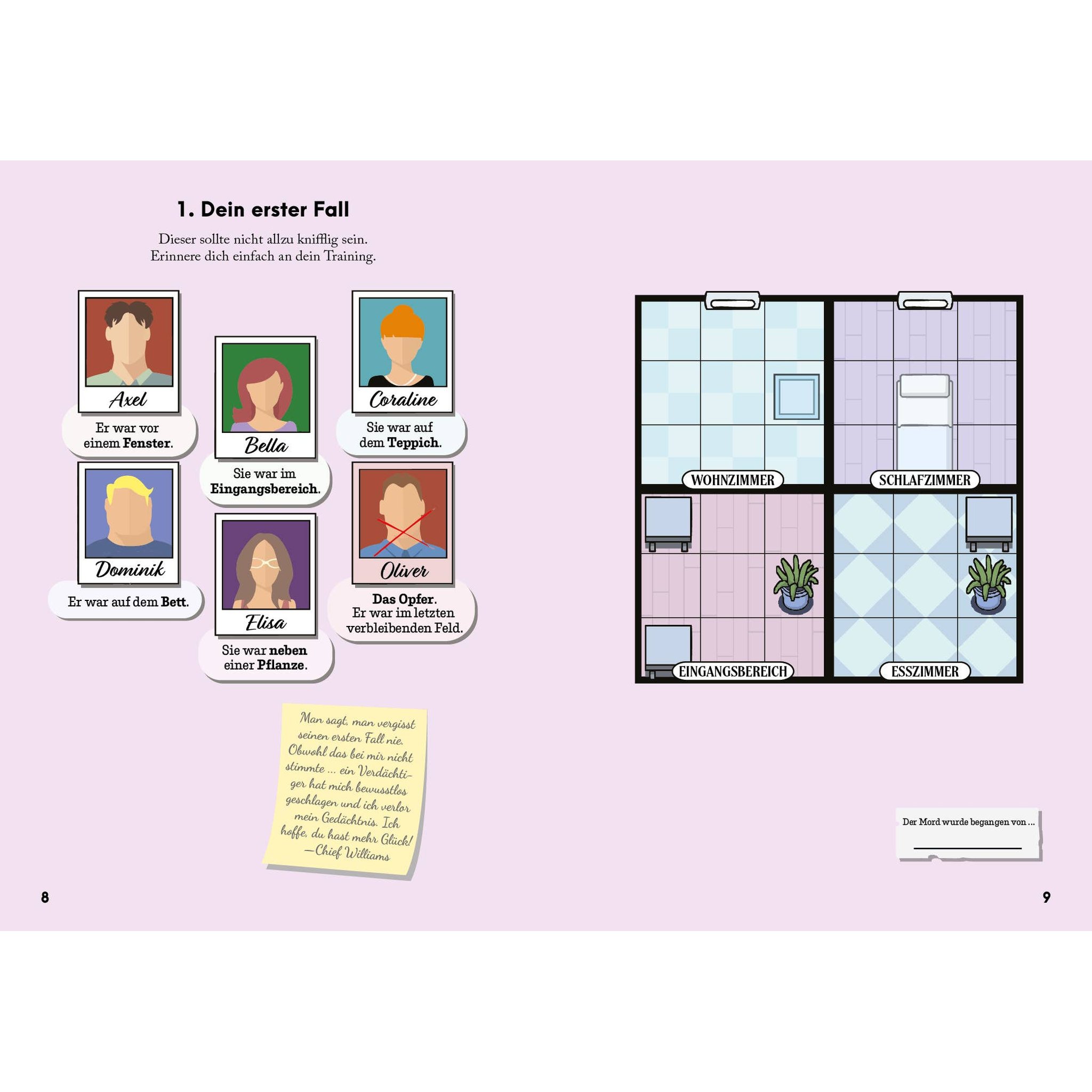 Double page from Murdoku with the first case: five suspects, the victim, their clues and a floor plan with four rooms