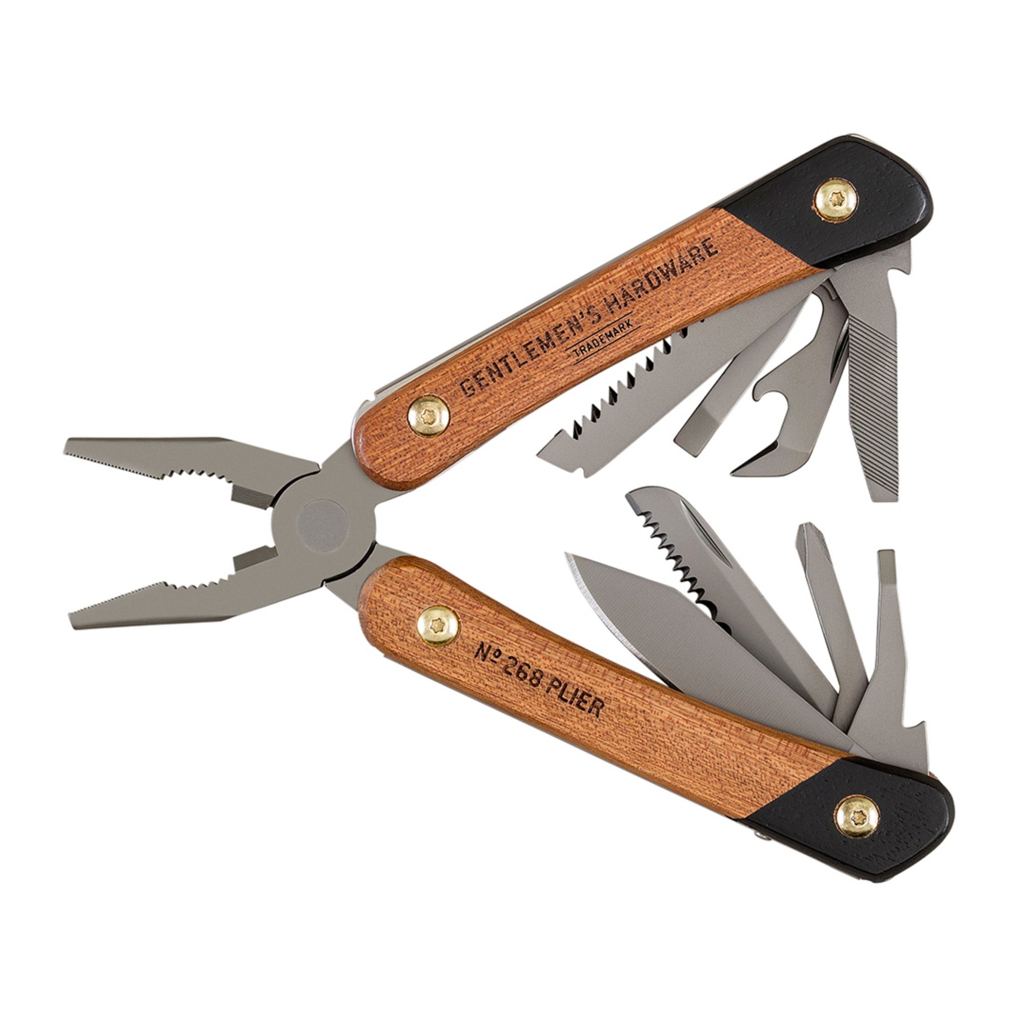 Pince multifonction sur fond blanc, lames et outils dépliés, manches en bois gravés