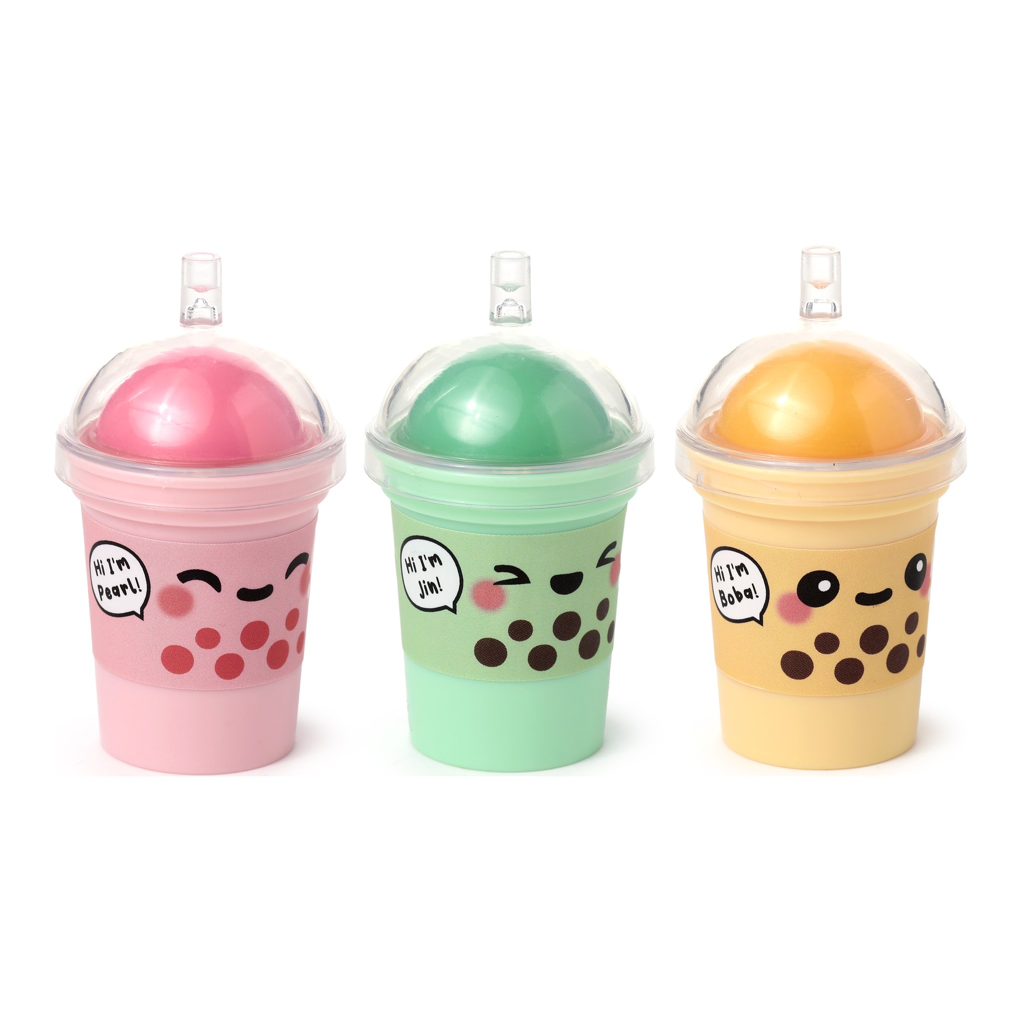 Drei Bubble-Tea-Lippenbalsam-Becher in Rosa, Gruen und Orange