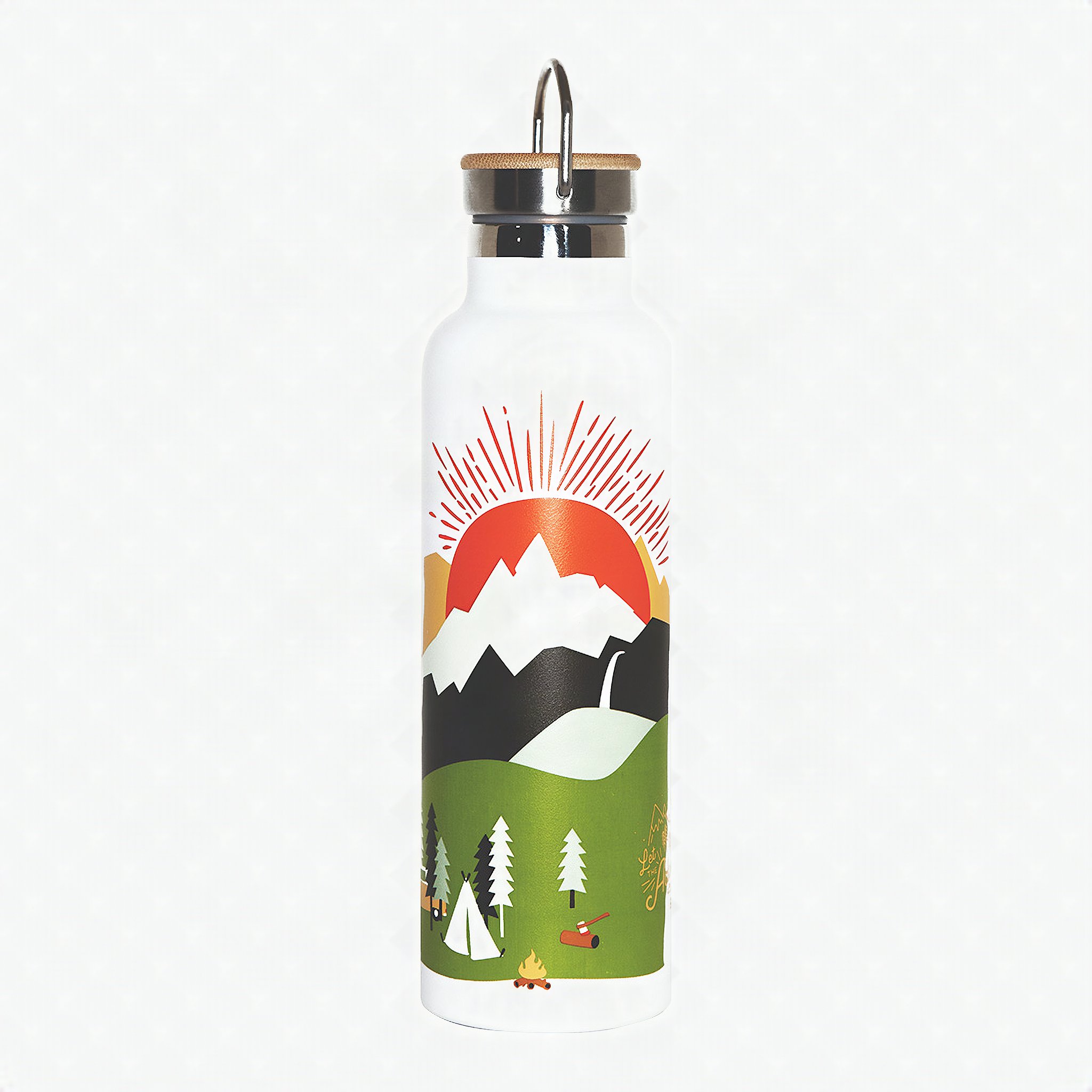 Mountain Adventure Trinkflasche in Weiss mit Sonnenaufgang und Bergmotiv