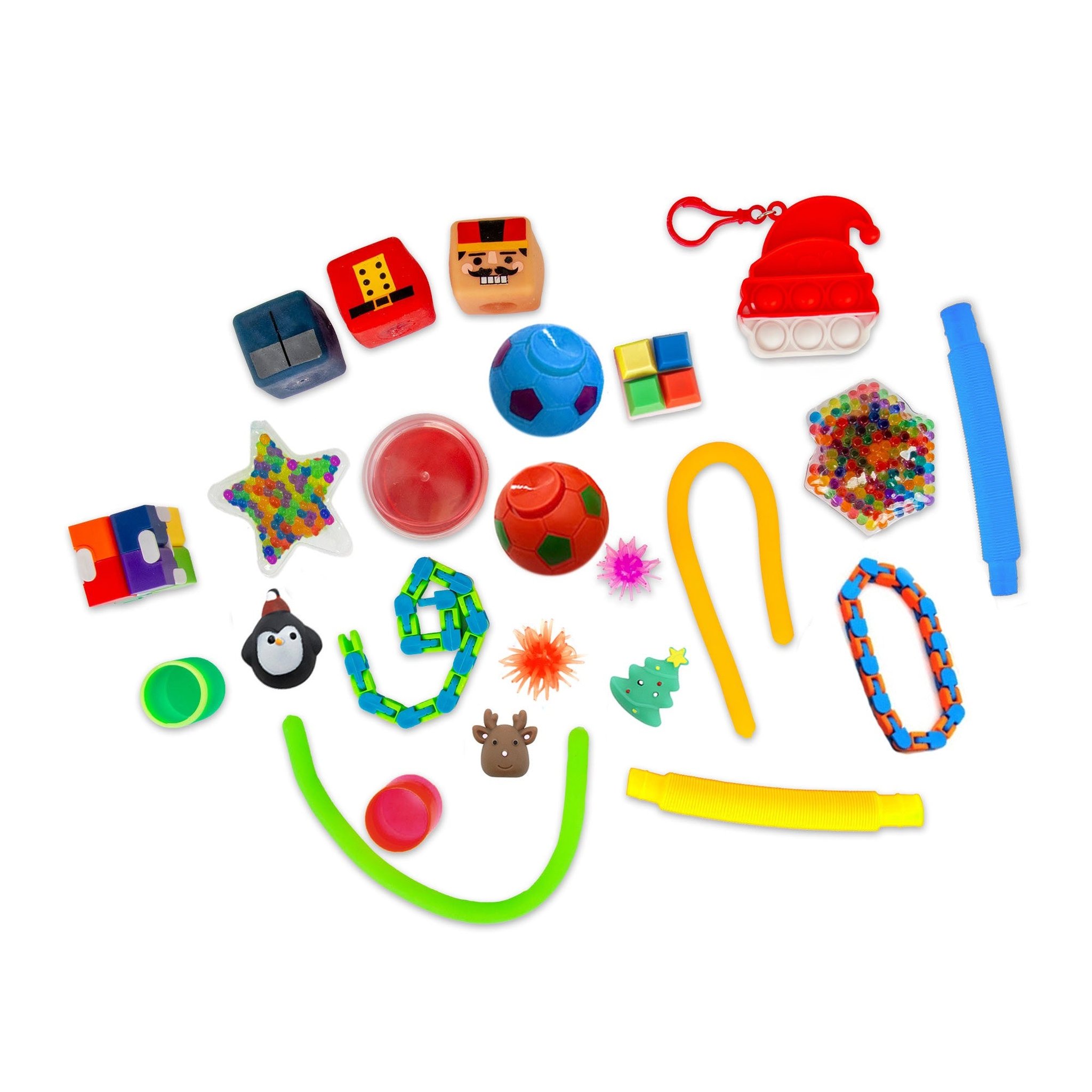 Contenuto del calendario dell'Avvento fidget: cubetti squishy, pop tube, fidget track, slime e push popper