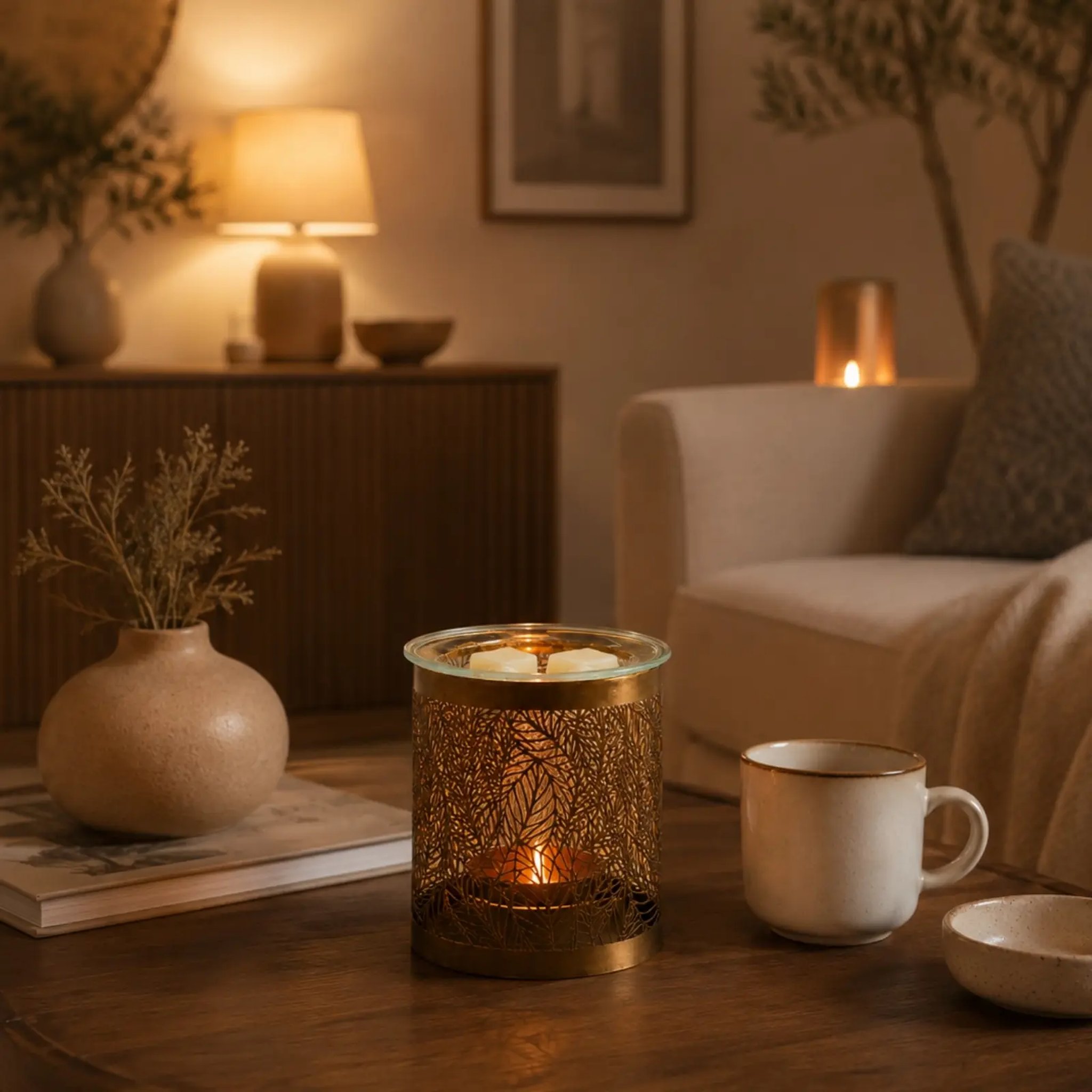 Oil burner with wax melts in the glass dish on a coffee table beside a mug