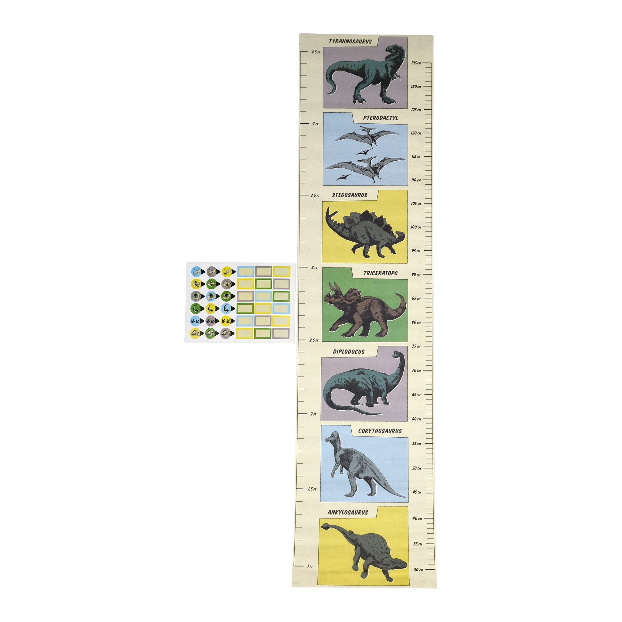 Die Dino-Messlatte mit sieben Dinosauriern und dem Stickerbogen