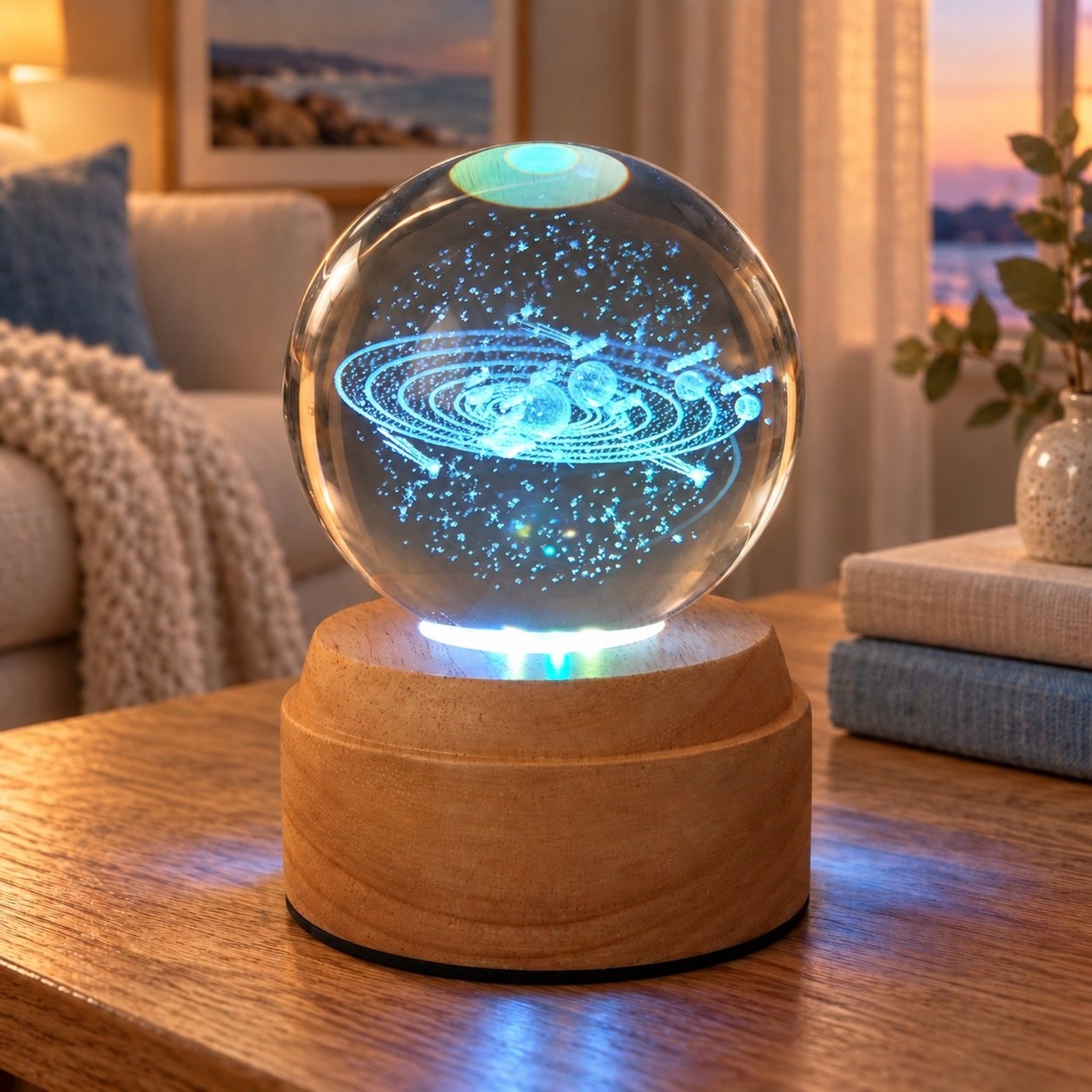 Glowing solar system crystal ball on a wooden table in a cosy living room