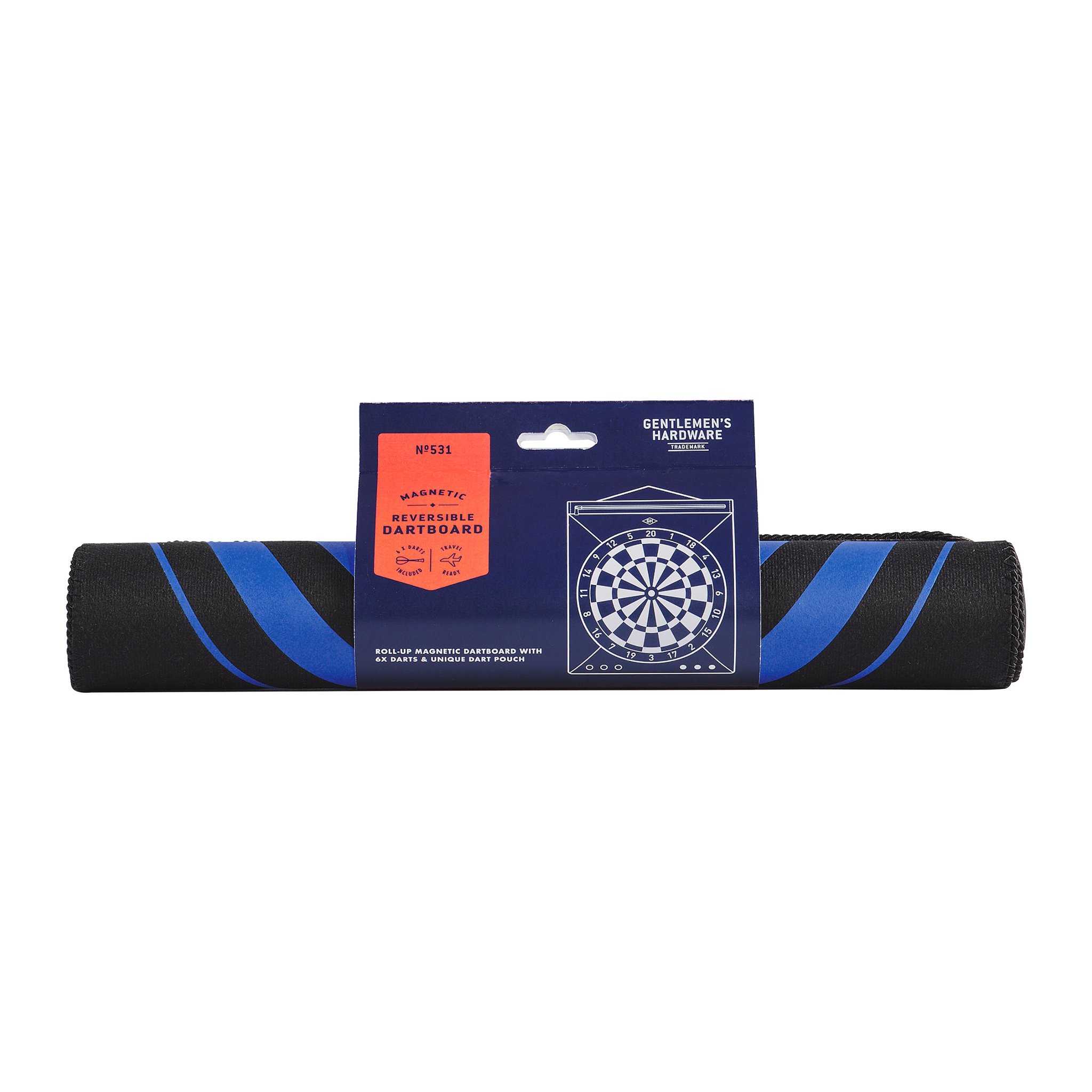 Jeu de fléchettes enroulable noir et bleu, avec un bandeau bleu marine au centre, vu de face