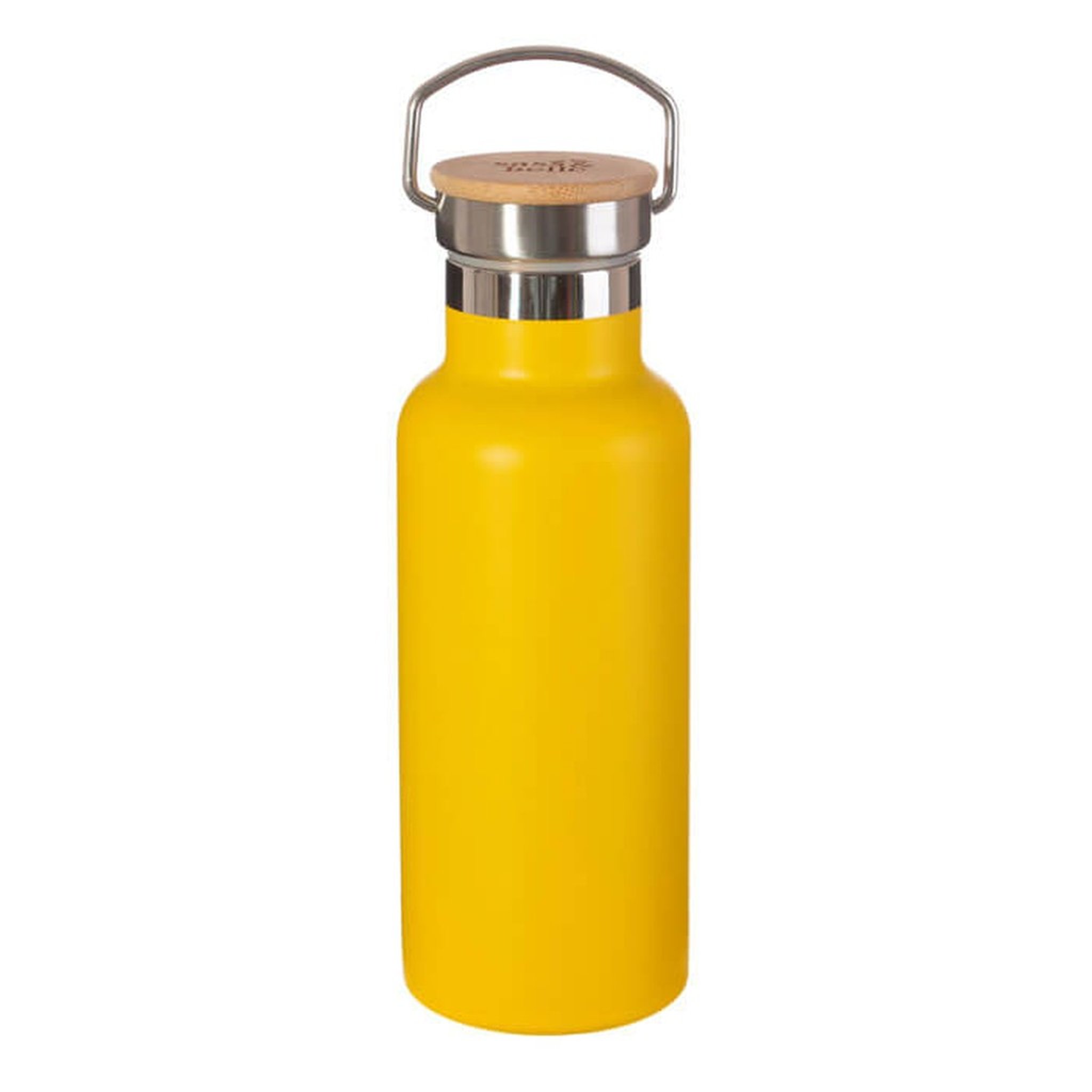 Borraccia giallo senape Sass & Belle scontornata, bottiglia in acciaio inox con coperchio in bambù e maniglia