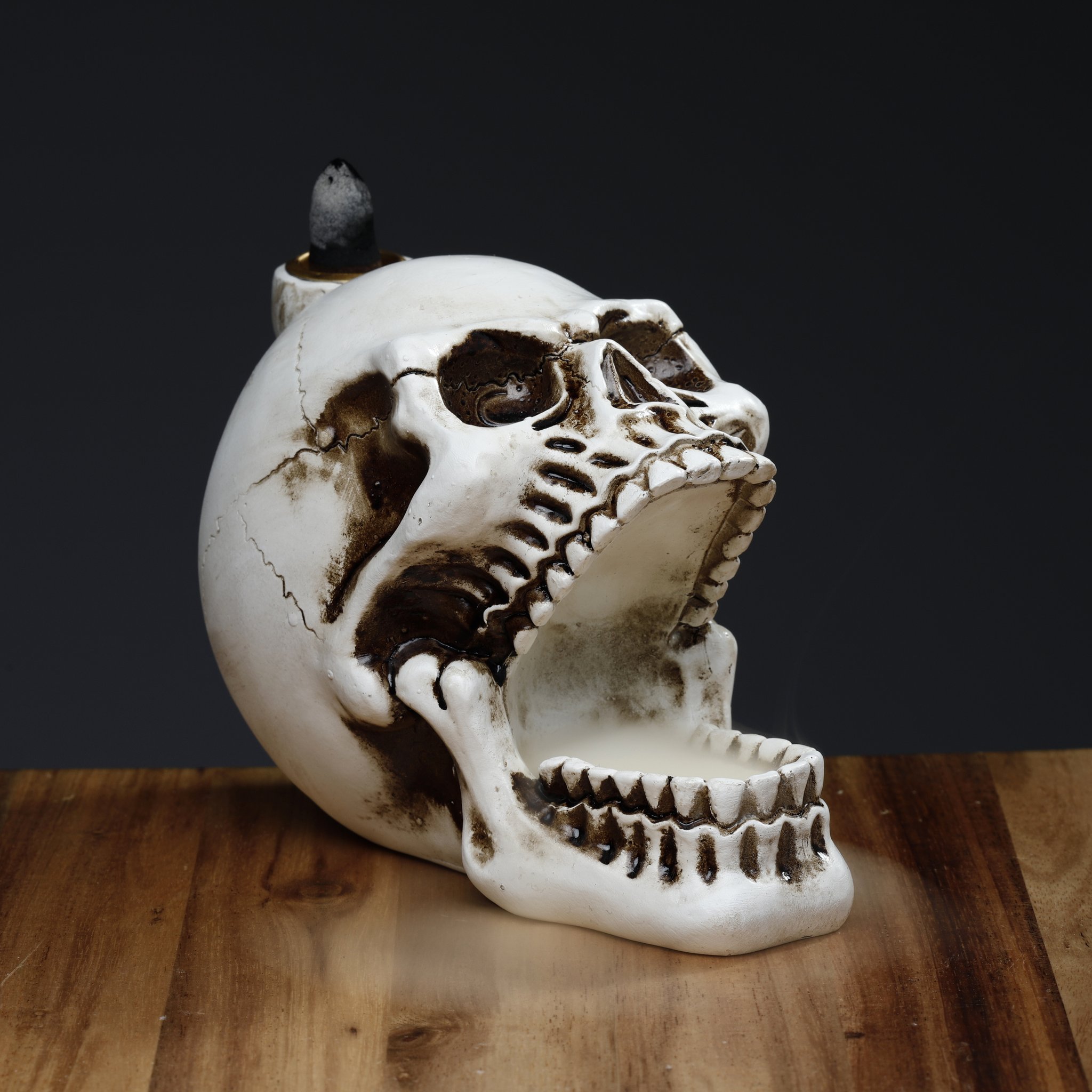 Skull incense holder with dense smoke above the crown