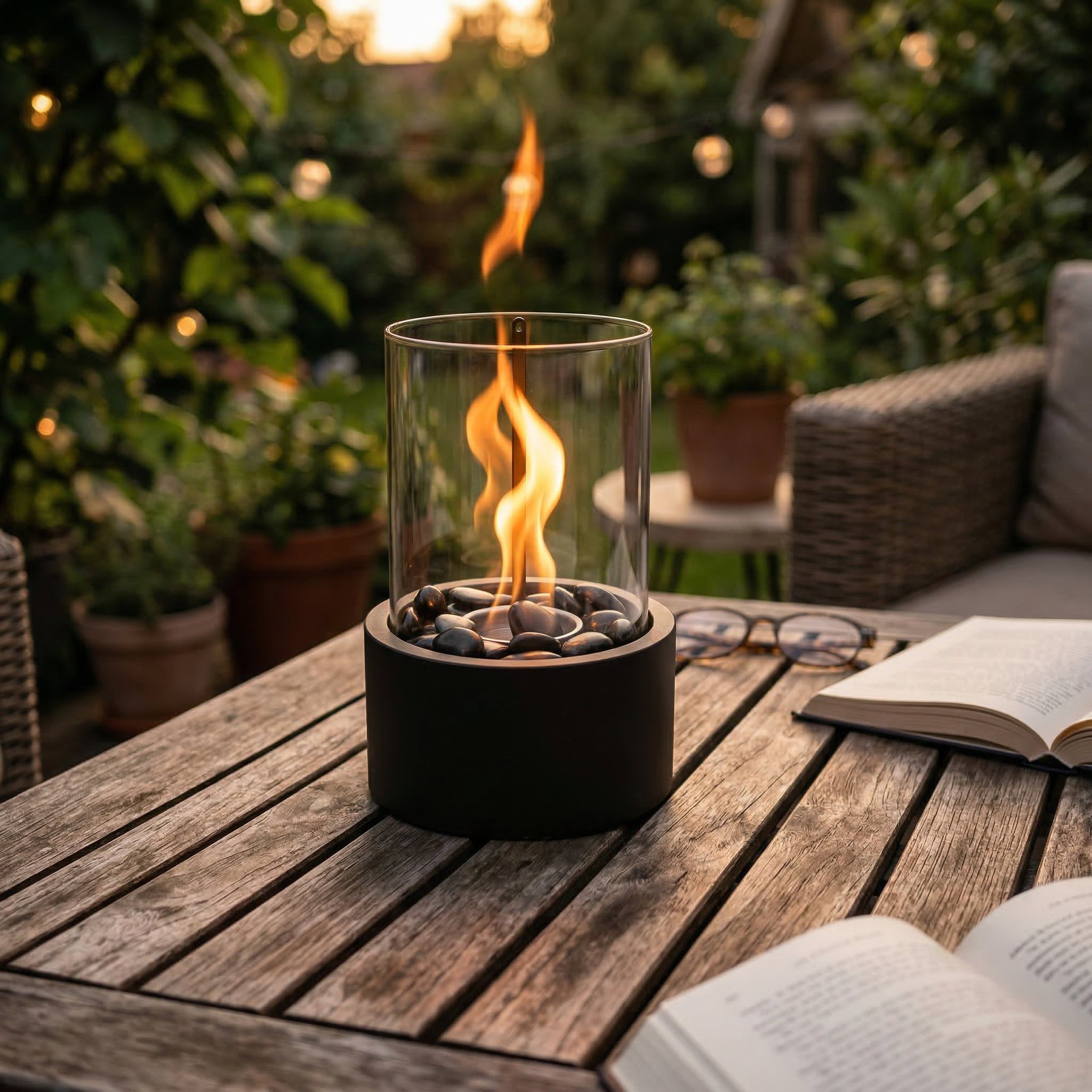 Tischkamin Rund Schwarz mit Flamme auf einem Holztisch im Garten