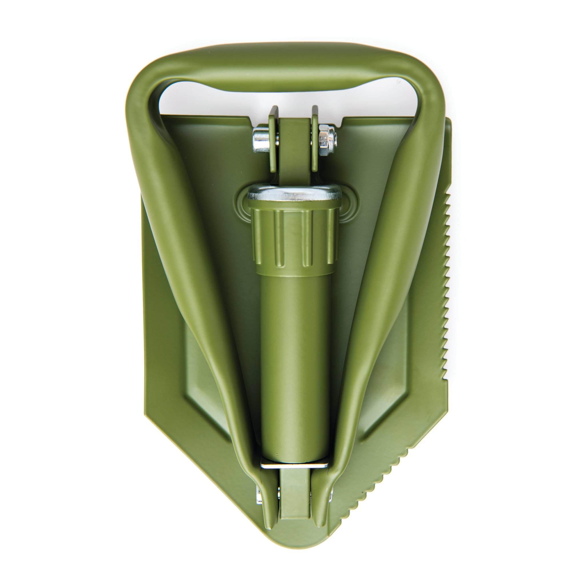 Olive green folding shovel seen from above, handle and shaft folded down over the blade with its serrated edge