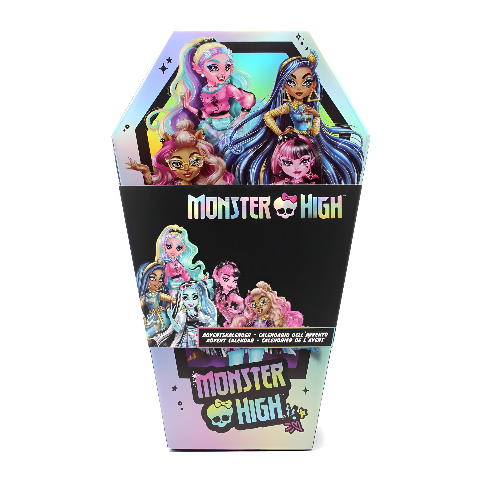 Monster High Adventskalender mit schwarzer Banderole und Logo, Box geschlossen