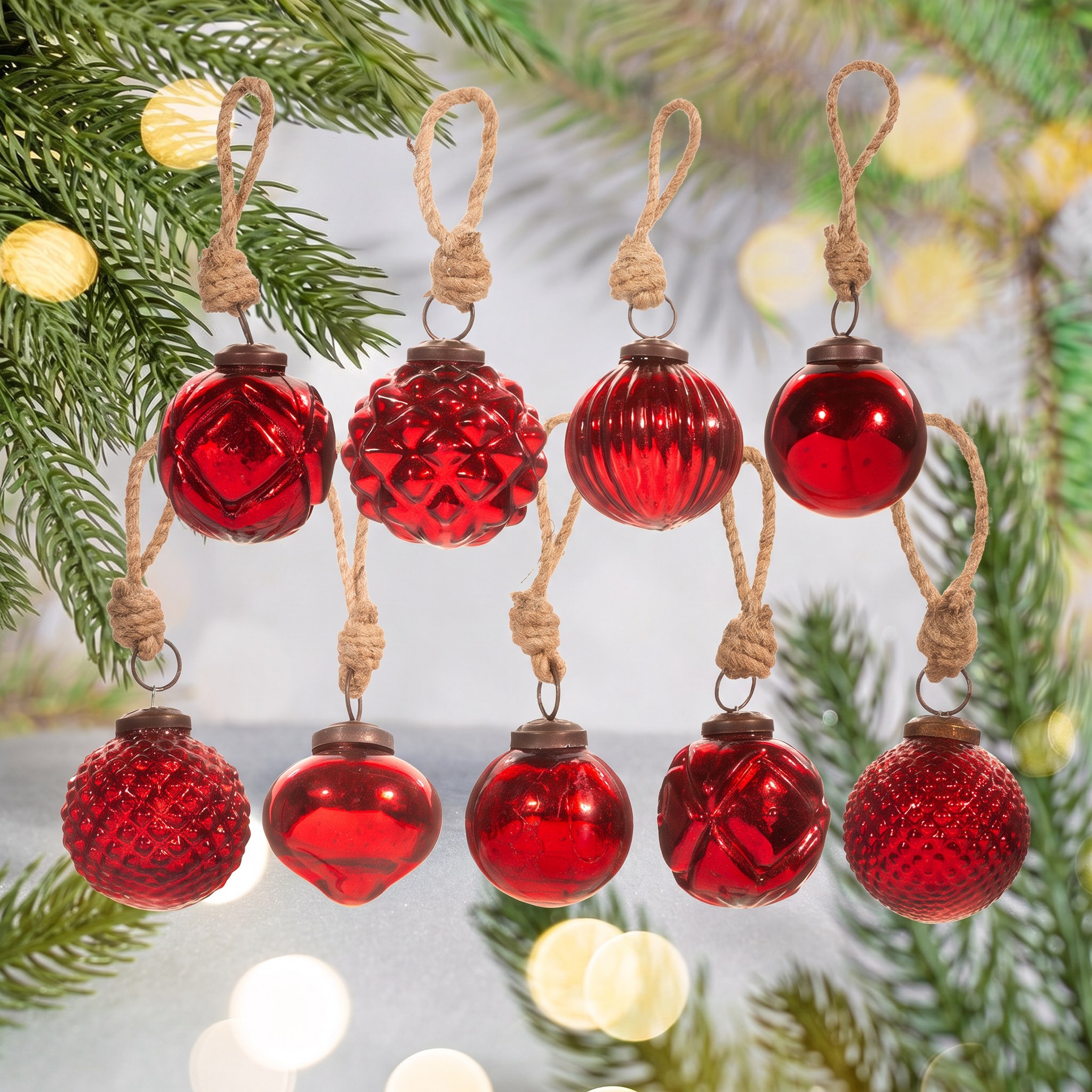 Red Crackle Glass Mini Bauble - Set by Sass & Belle on a fir branch with warm fairy lights