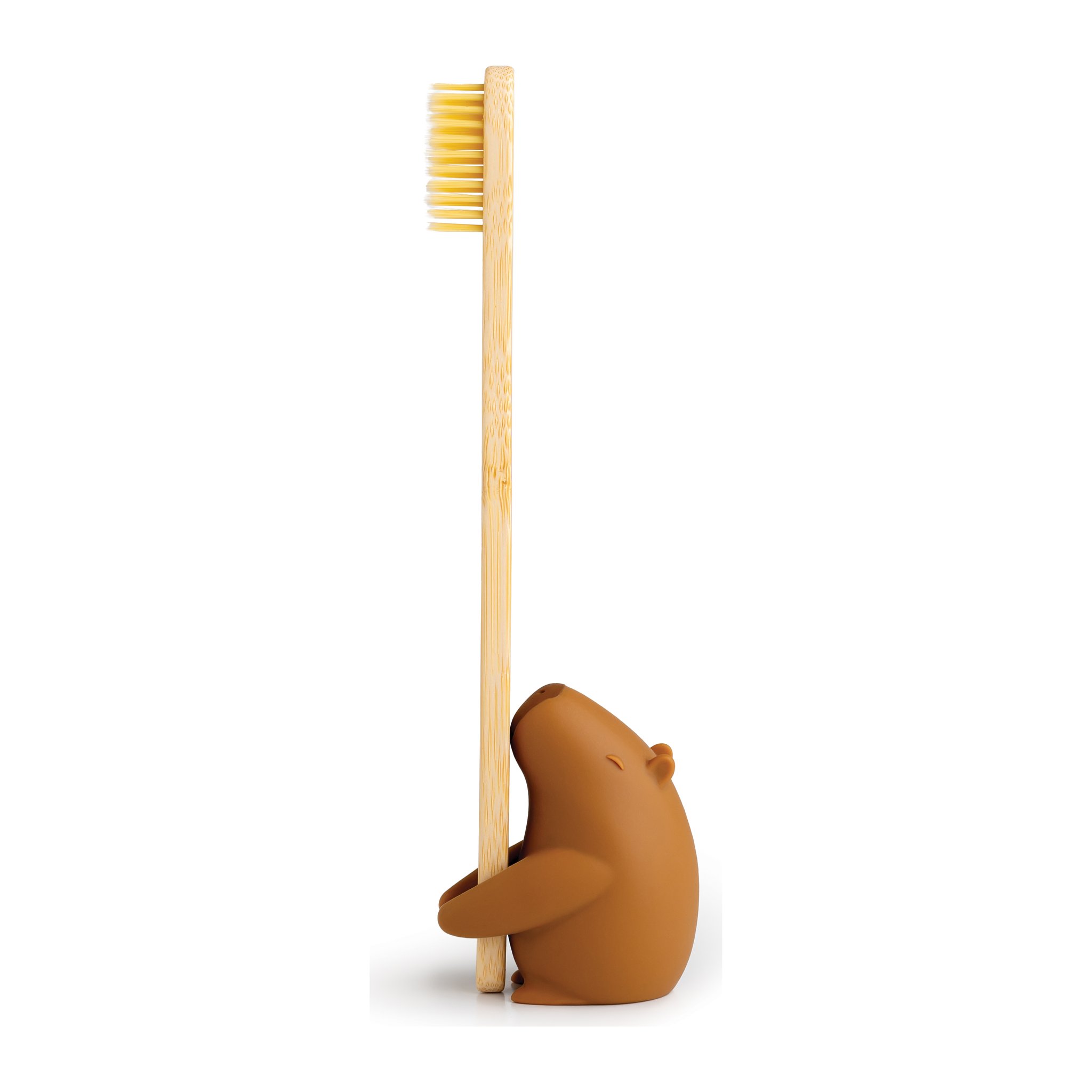 Capybrush Zahnbuerstenhalter von OTOTO, brauner Capybara haelt eine Bambus-Zahnbuerste