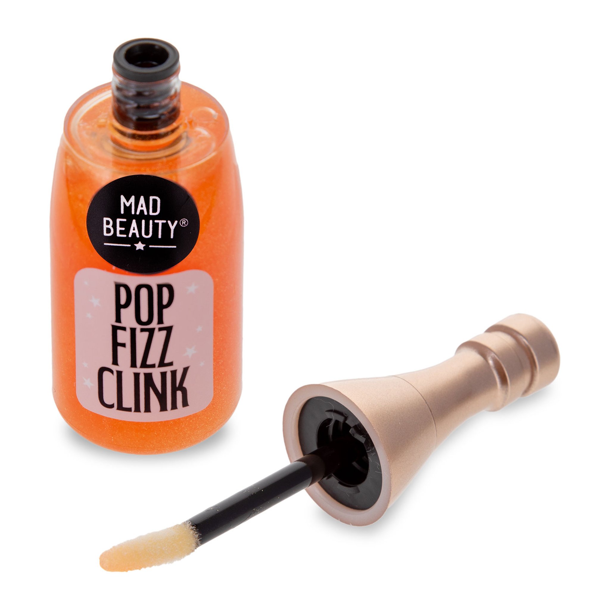 Schimmernder oranger Lipgloss und Applikator mit weicher Spitze