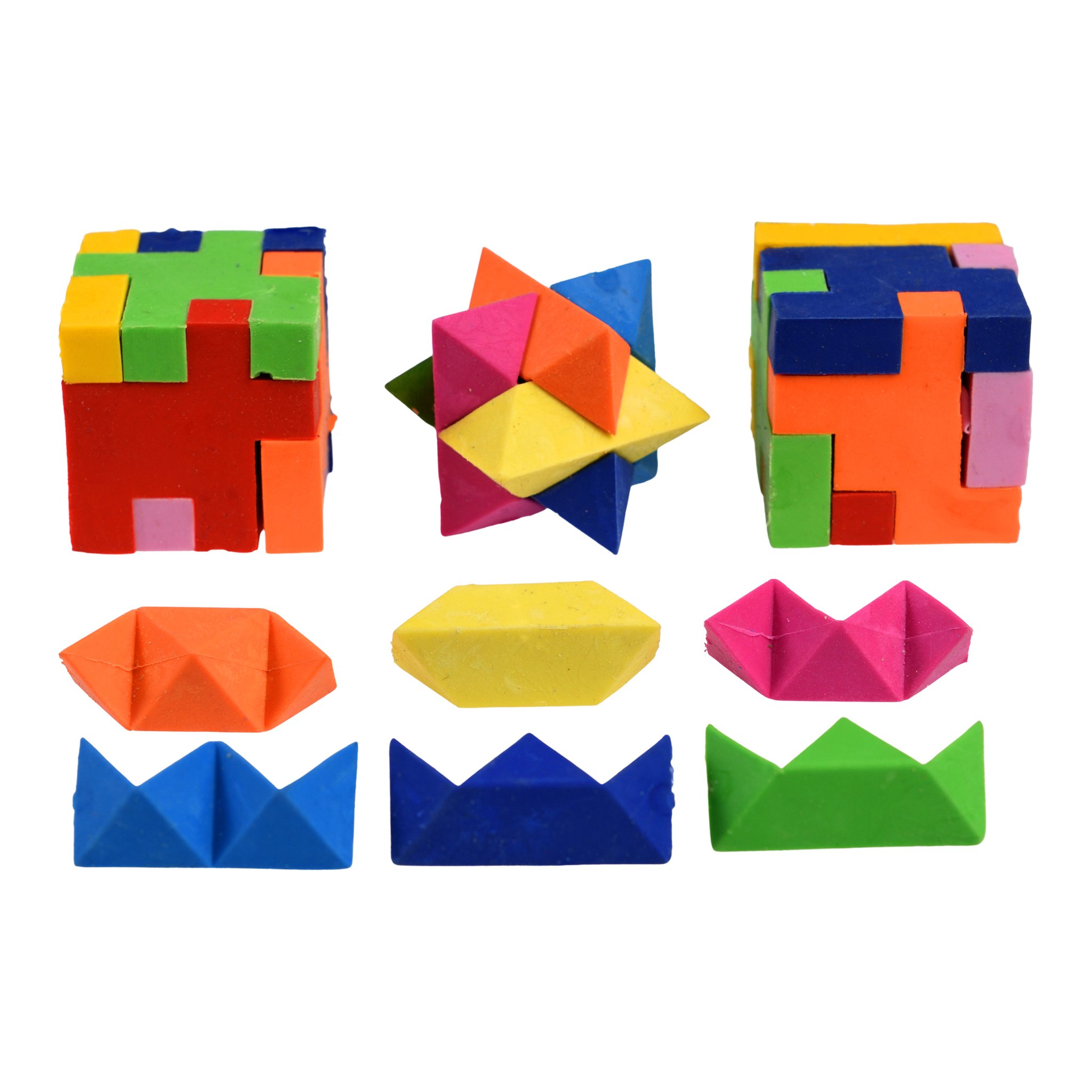 Gommes puzzle 3D assemblées et démontées, cube et étoile avec leurs pièces