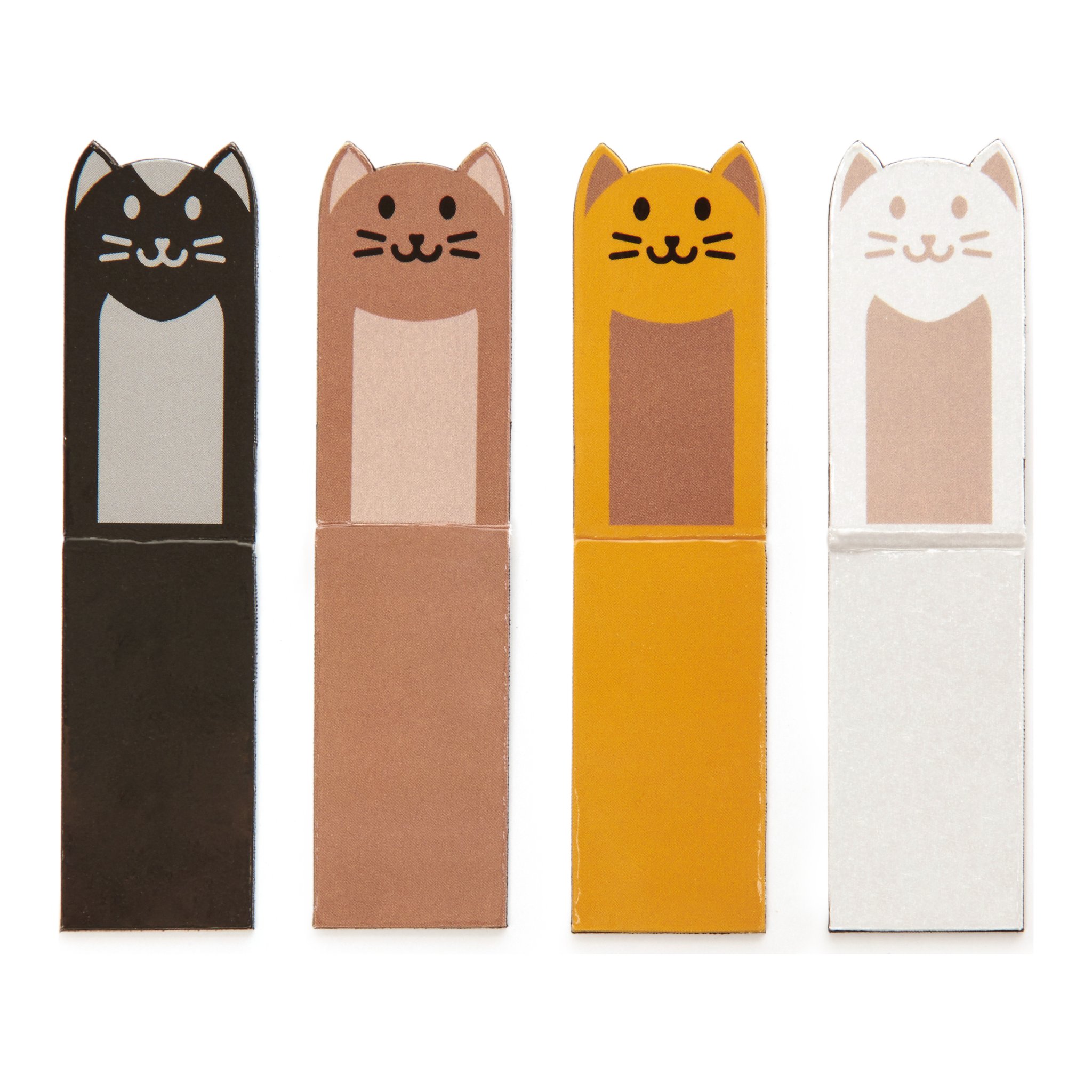 Die vier Katzen-Lesezeichen aufgeklappt in Schwarz, Beige, Orange und Weiss